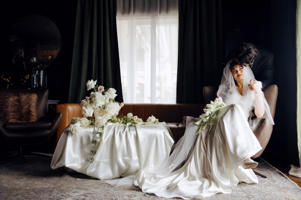 vintage satin wedding dress with long train