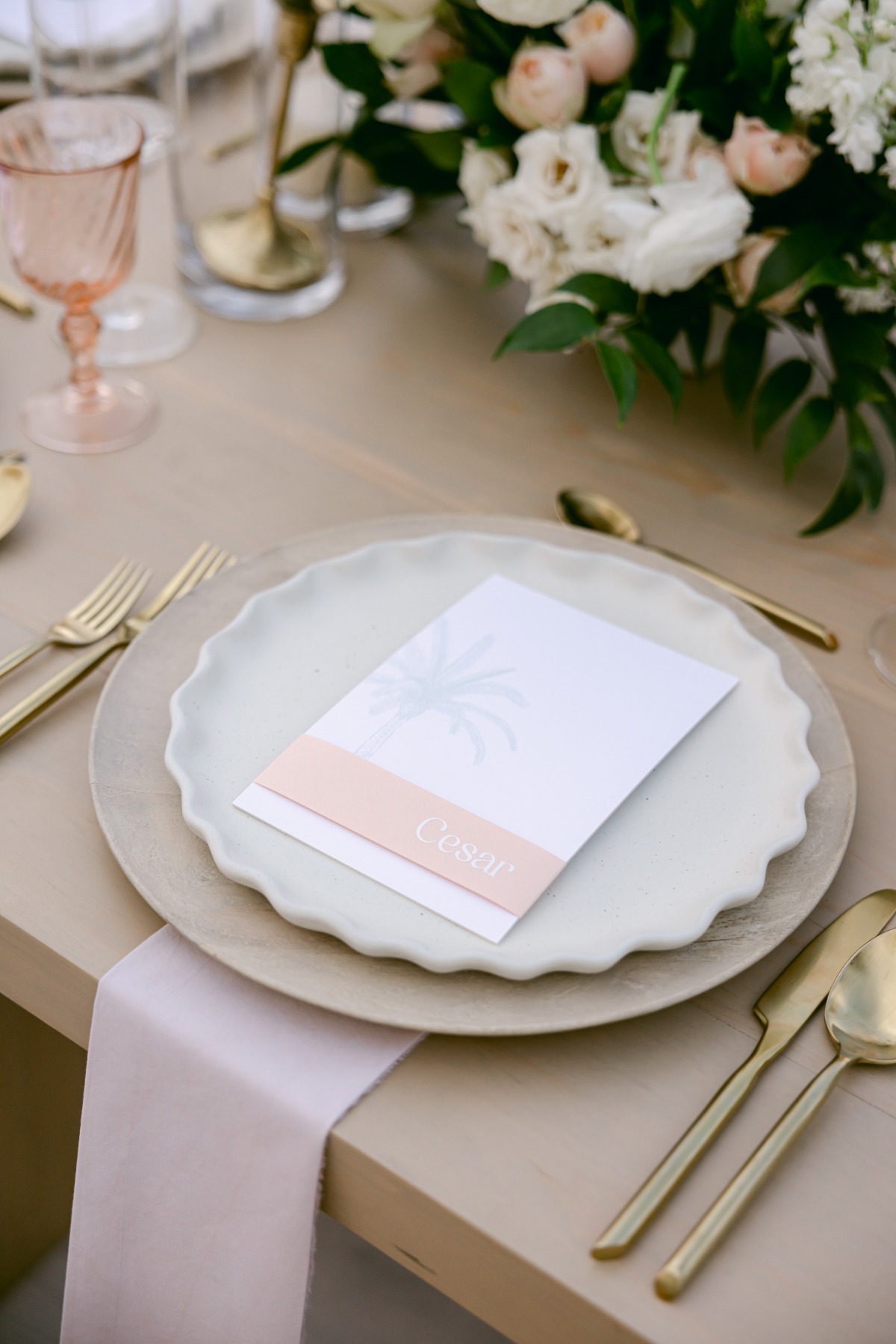 light pink and gold place settings