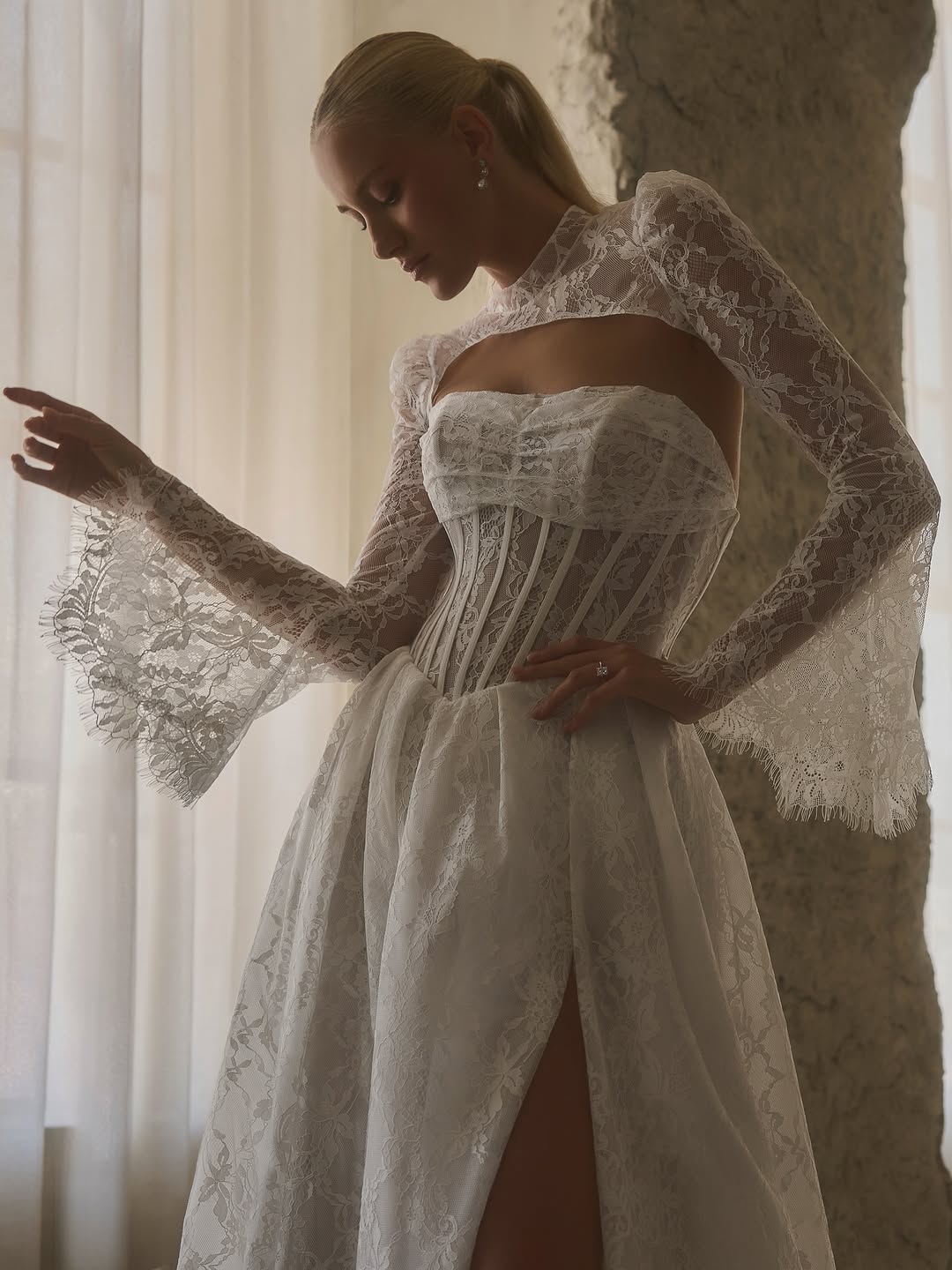 casablanca bridal bell sleeve lace wedding gown