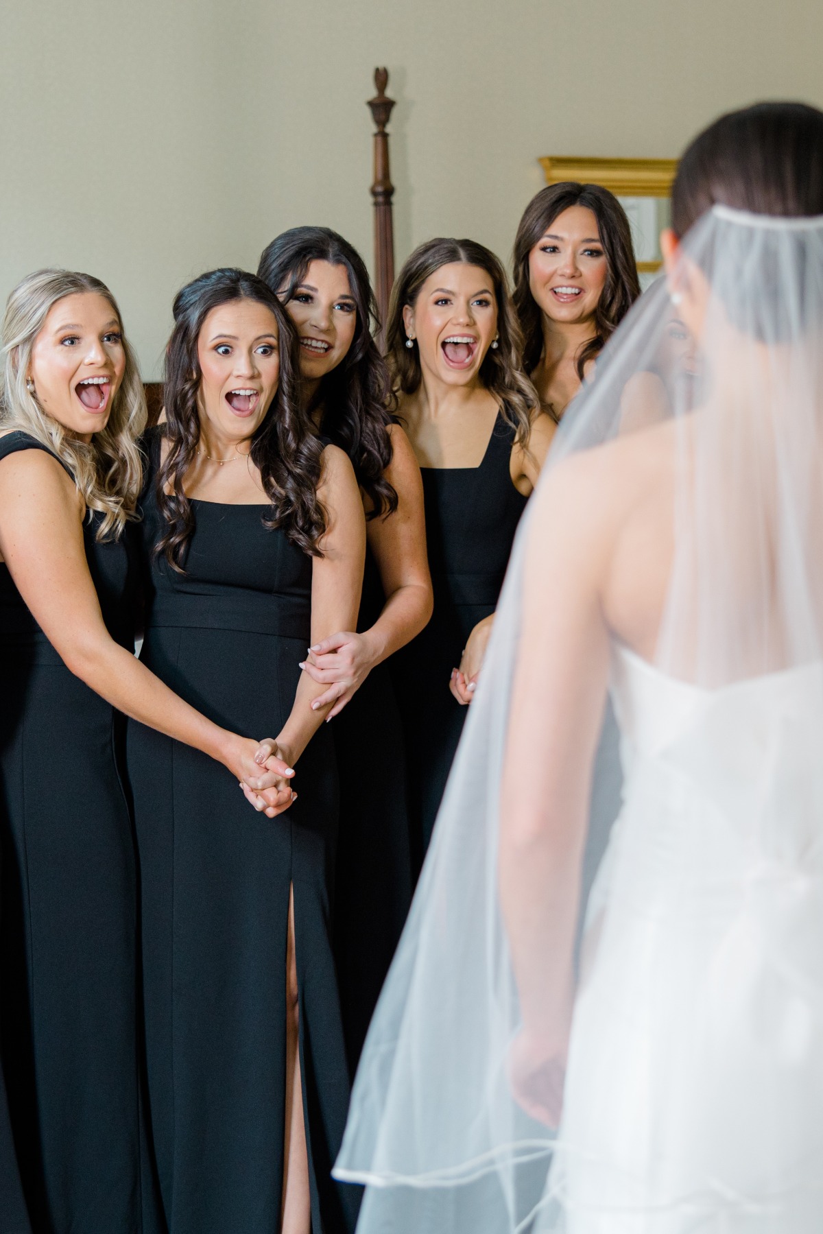 bridesmaids in black dresses