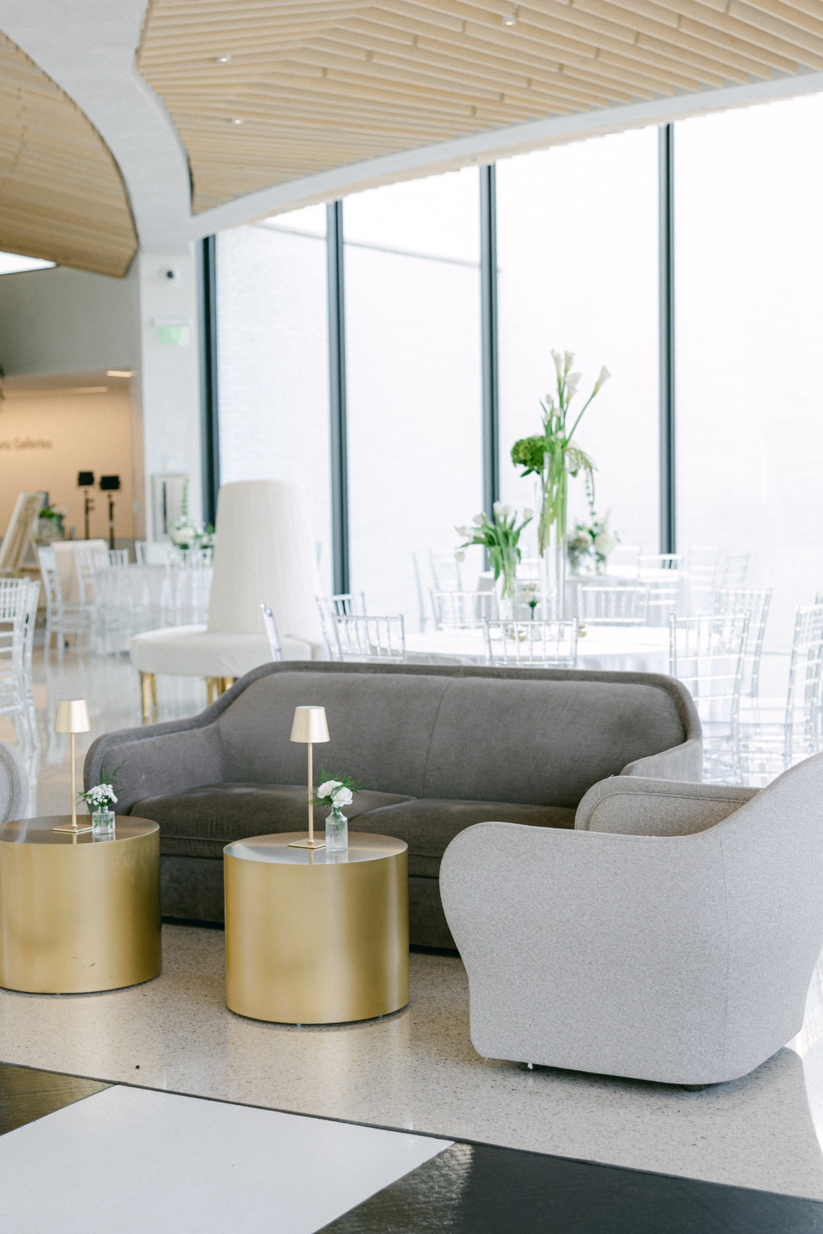 modern lounge set up for museum wedding