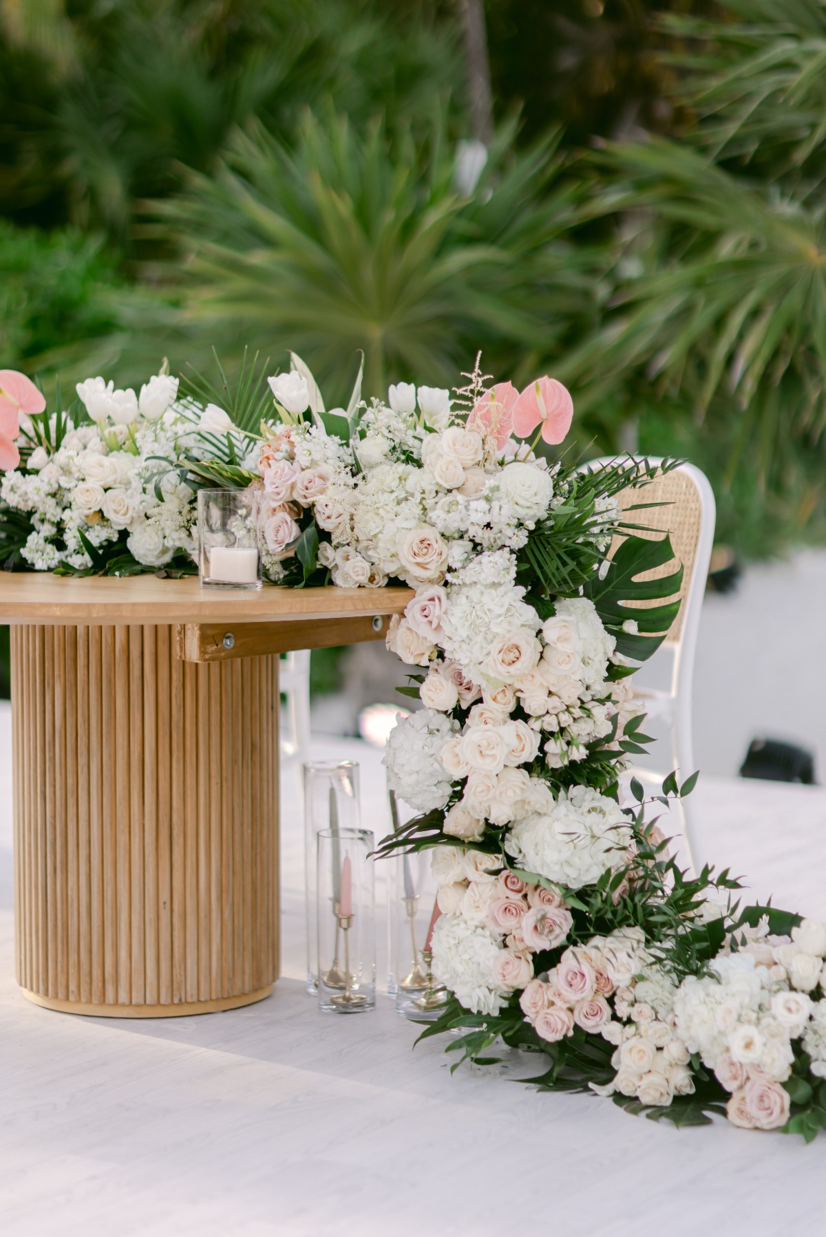 light pink and white waterfall floral installation