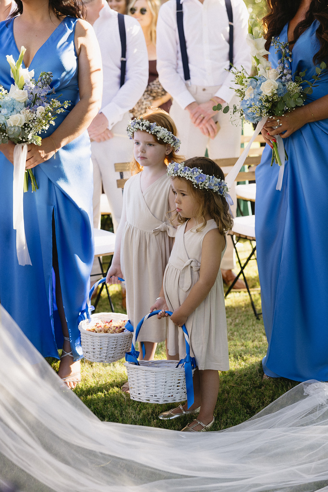 galia lahav remi gown bride with blue bridesmaid dresses