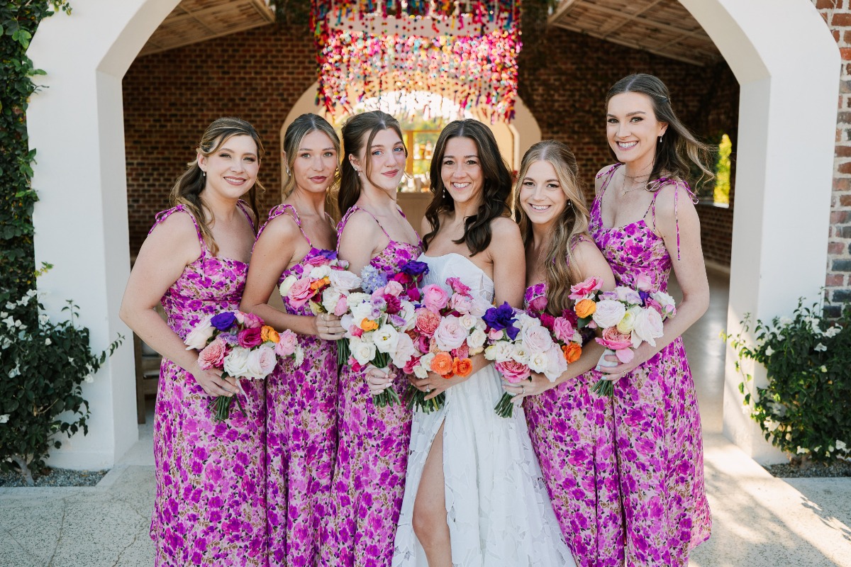 purple printed bridesmaid dresses