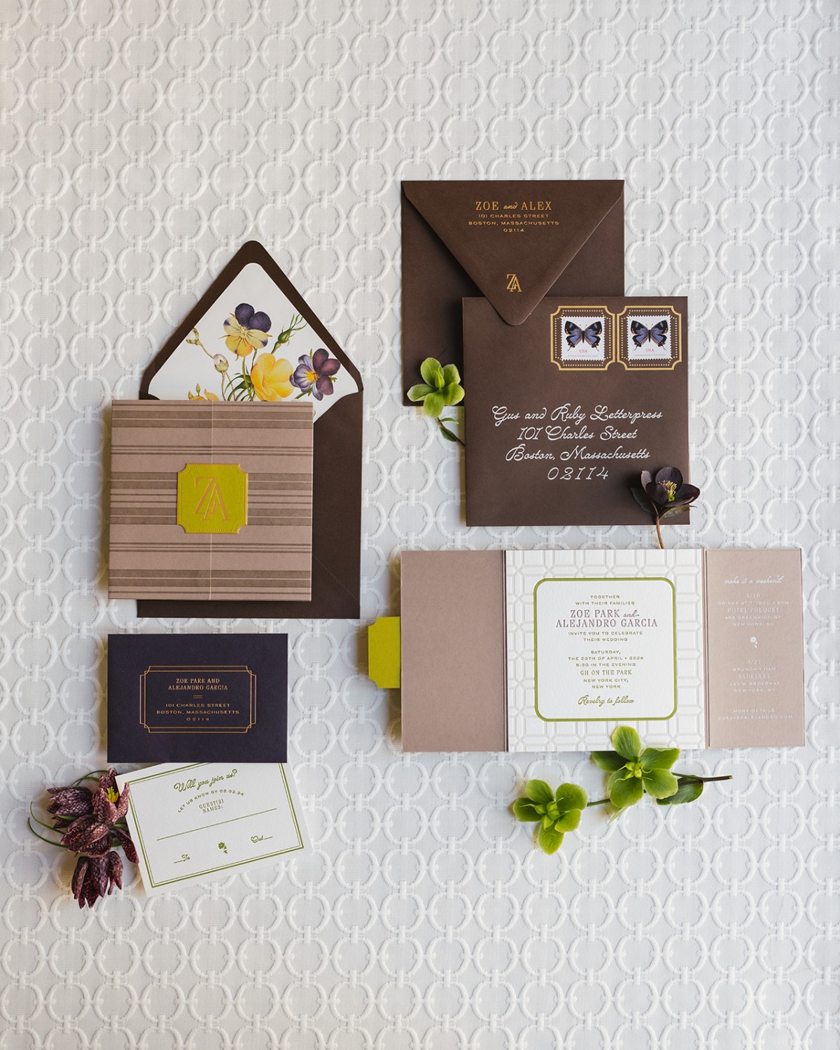 brown green and purple wedding invitations