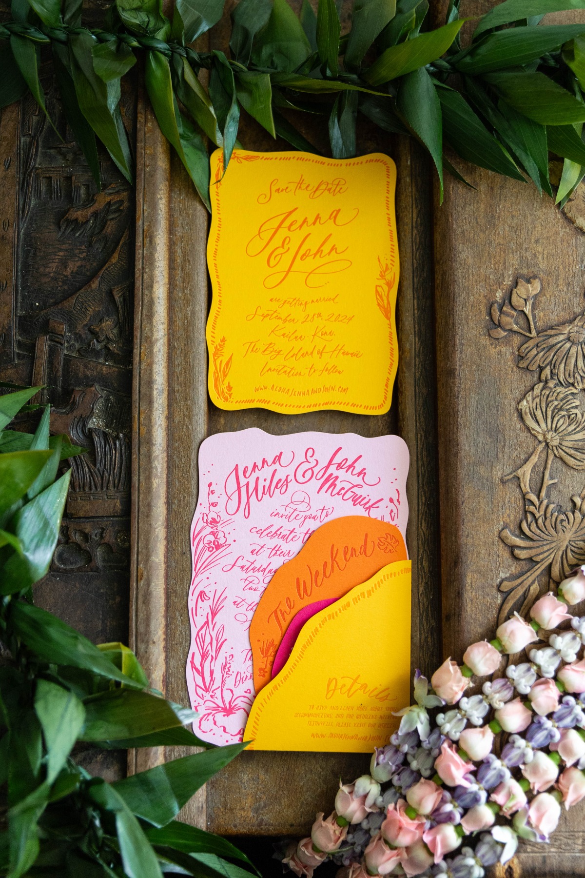 yellow orange and pink wedding invitations