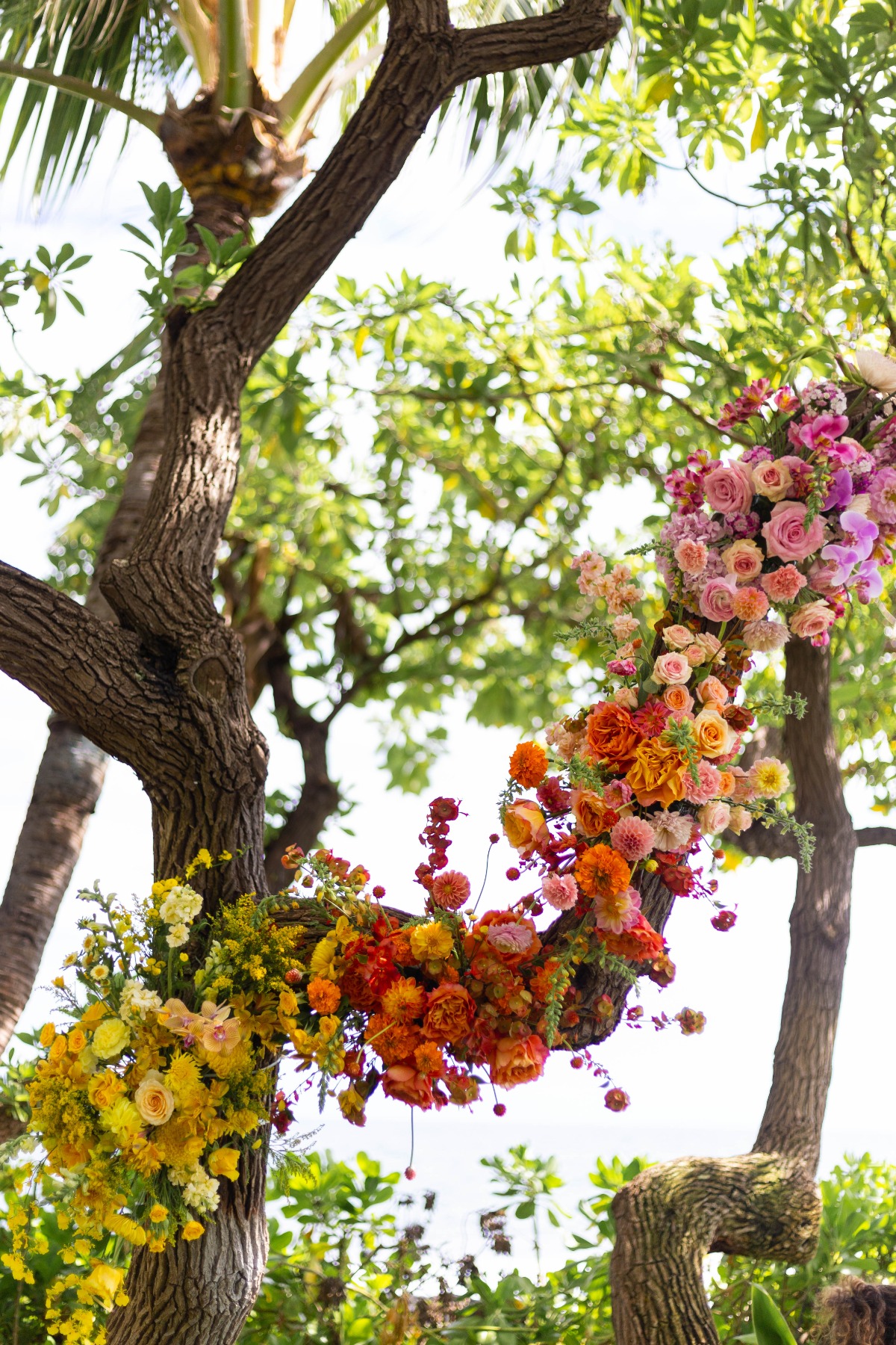 rainbow ombre flower installation for wedding