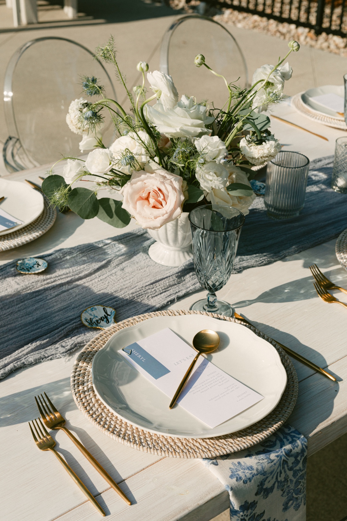 white gold and rattan place settings