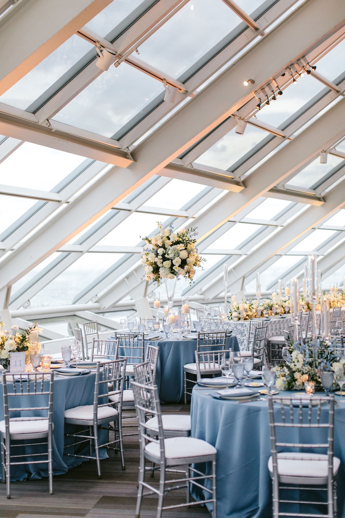 blue and white wedding reception