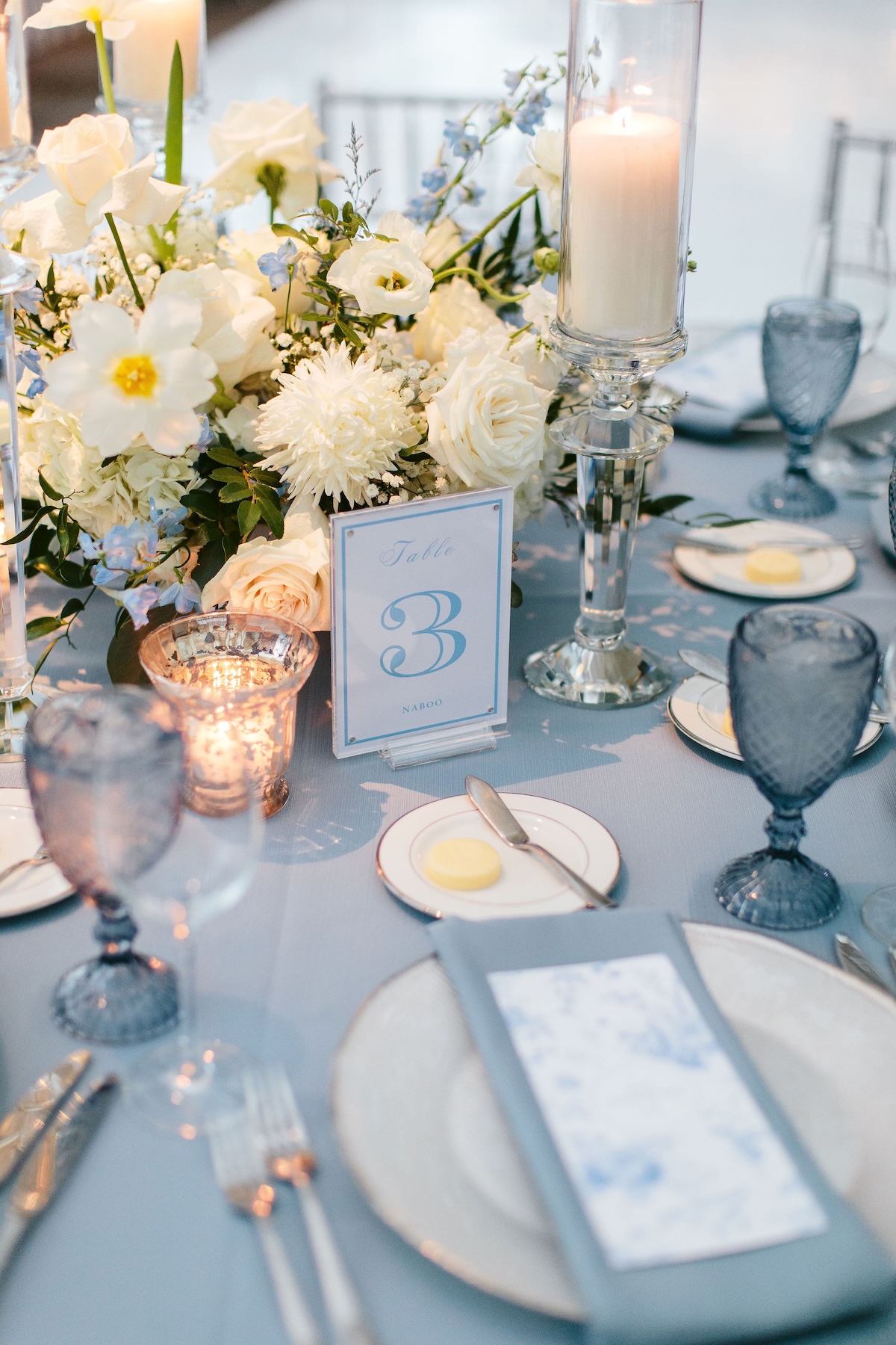 blue wedding reception table decor