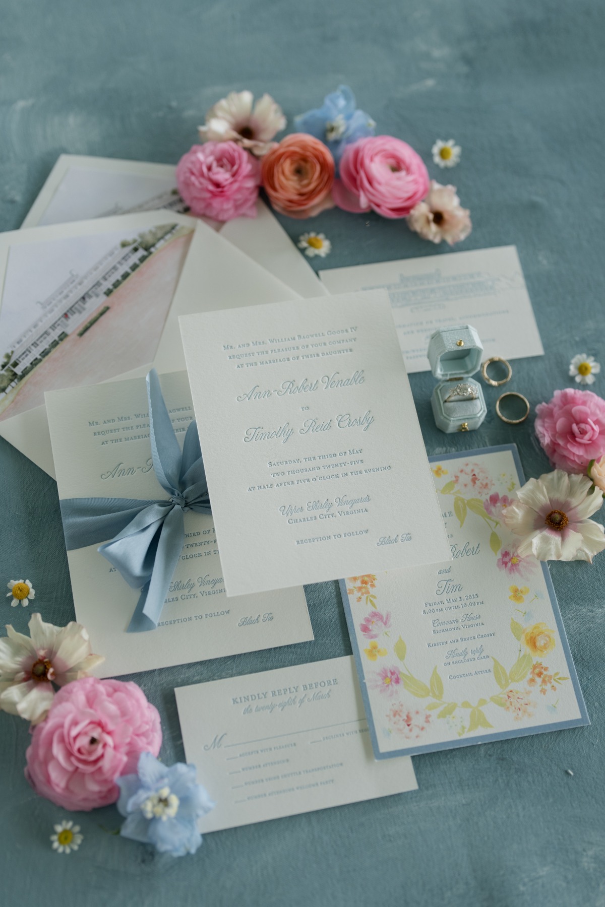 blue pink and yellow wedding invitations
