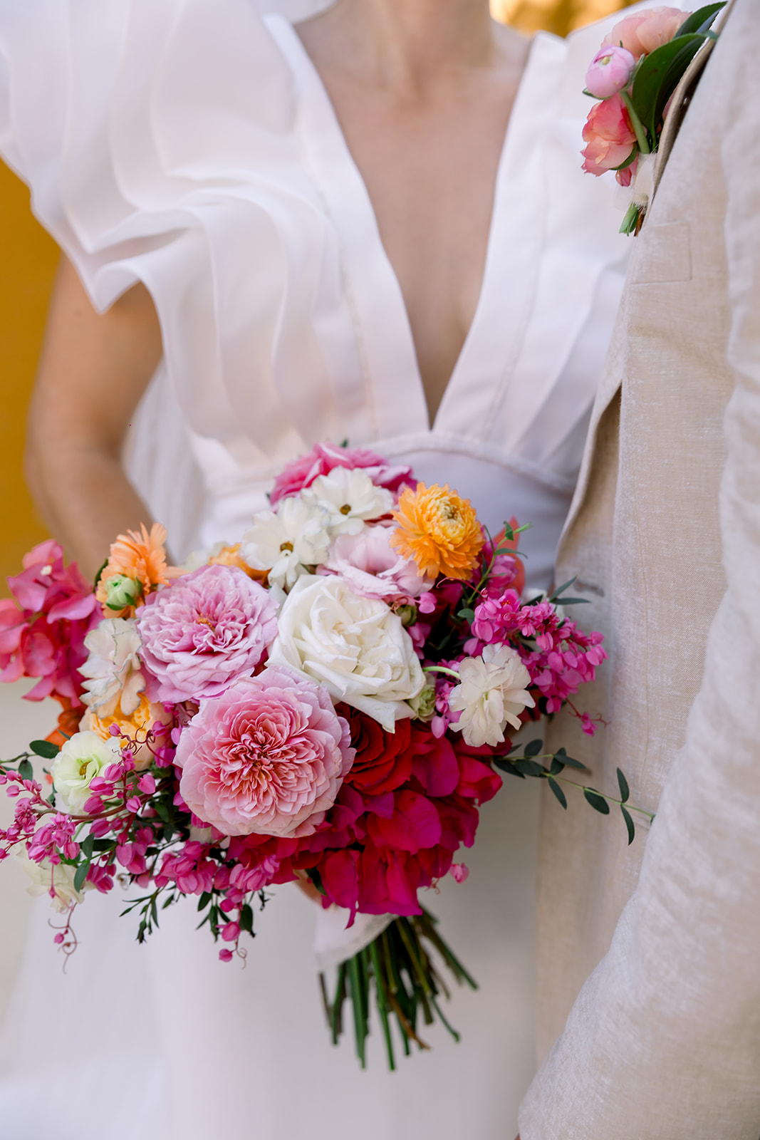 ruffled neckline on wedding dress