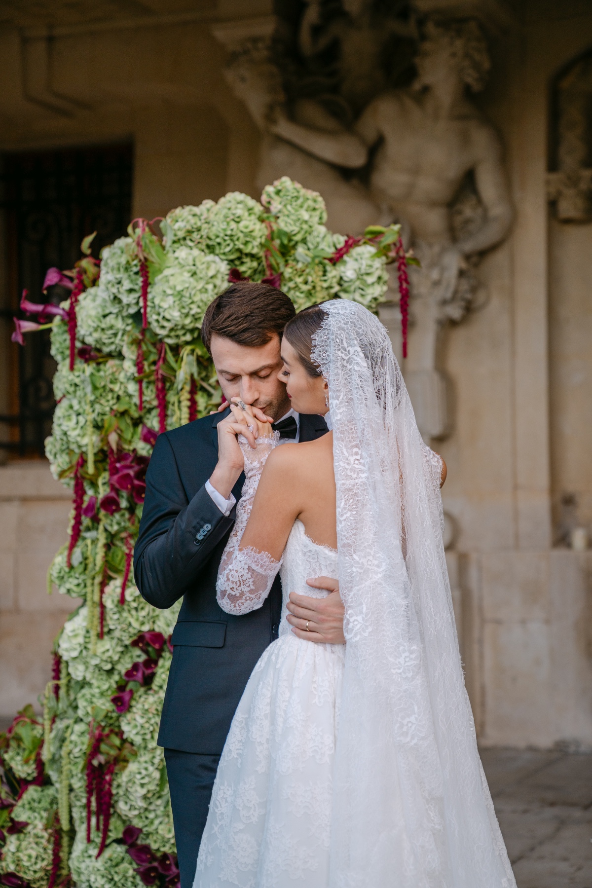 burgundy and green wedding floral arch