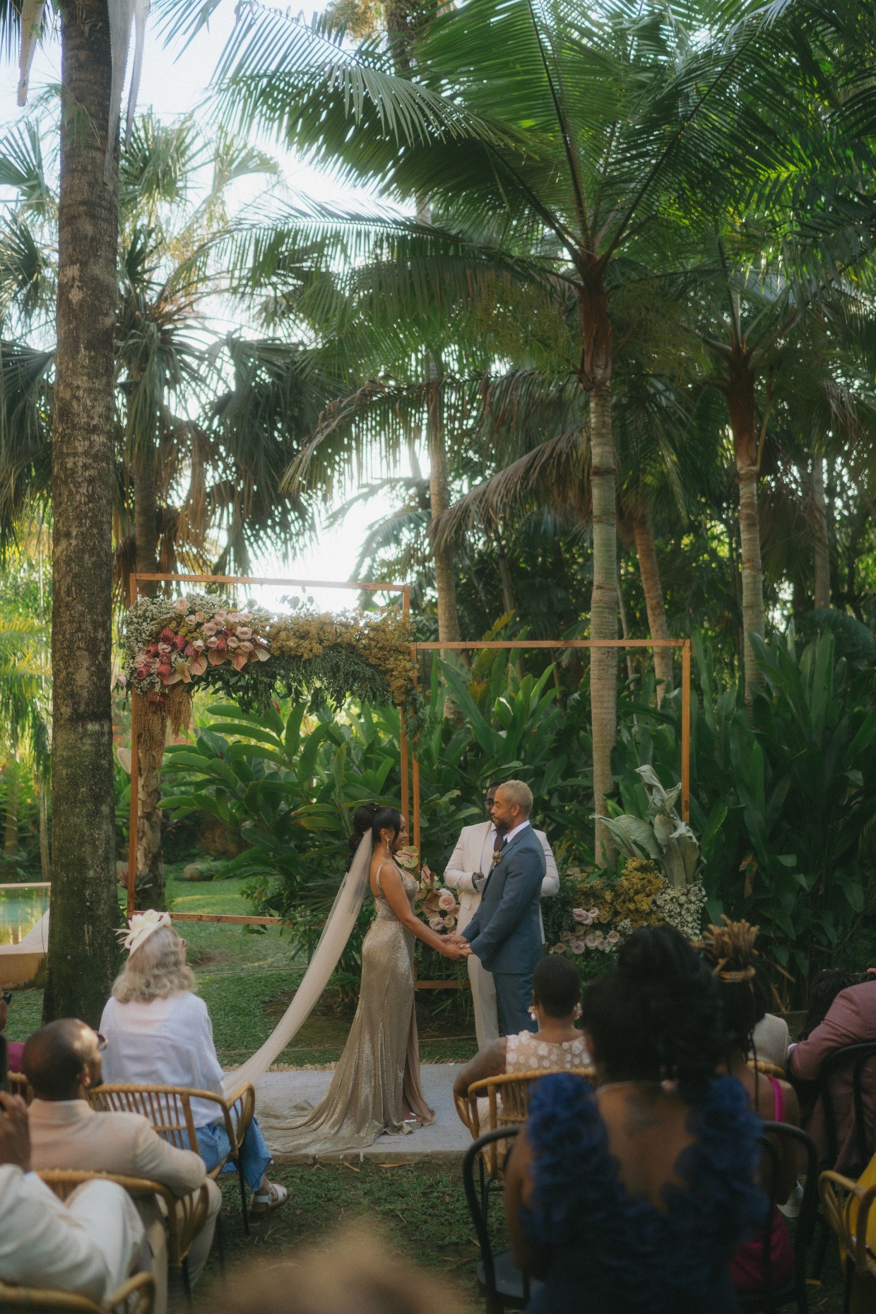 bride in gold dress at Hacienda Sac Chich