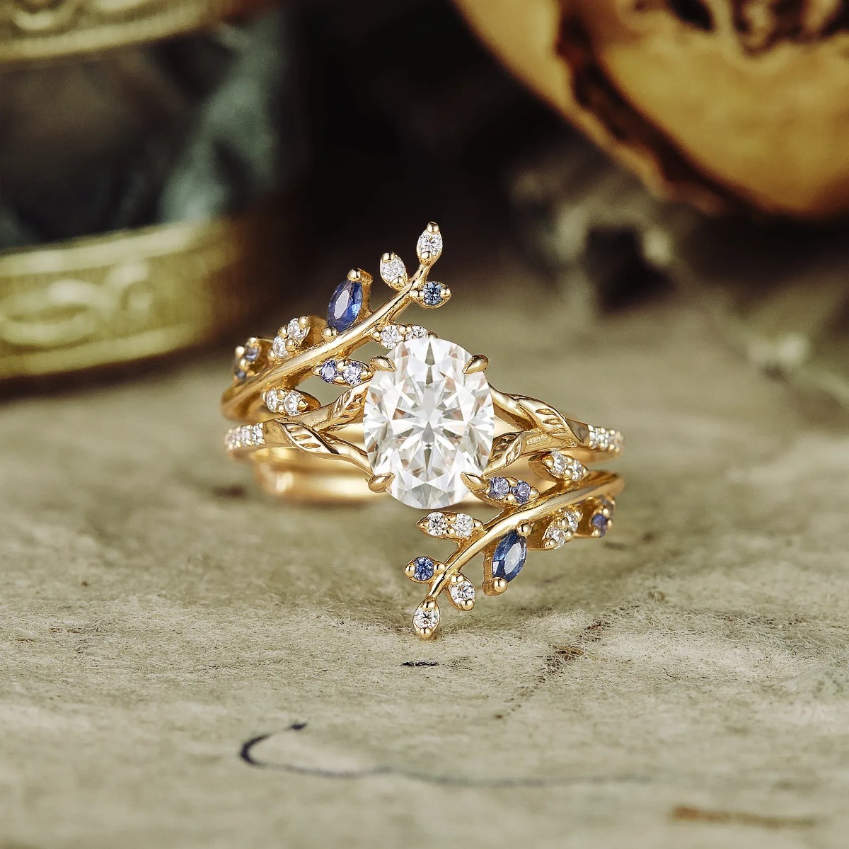 gemsmagic-aphrodite-oval-moissanite-half-eternity-leaf-engagement-ring-set