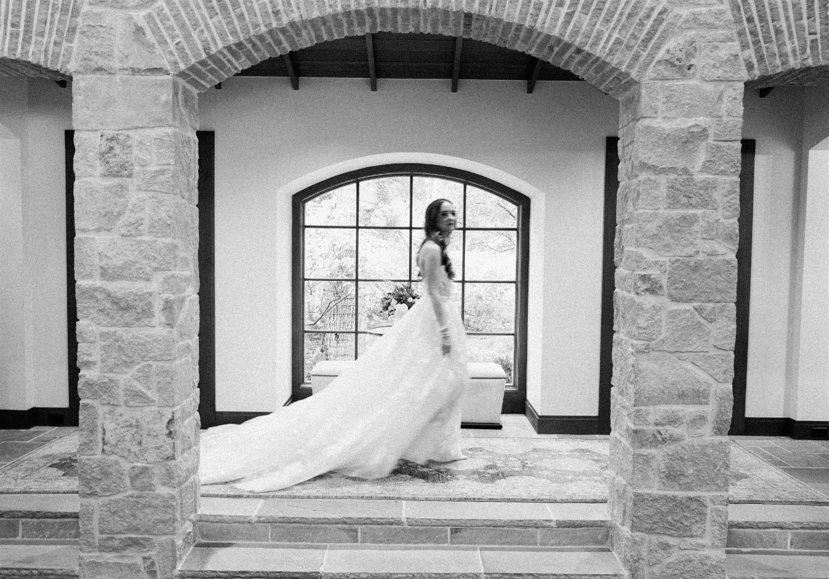 bride in long a line wedding gown