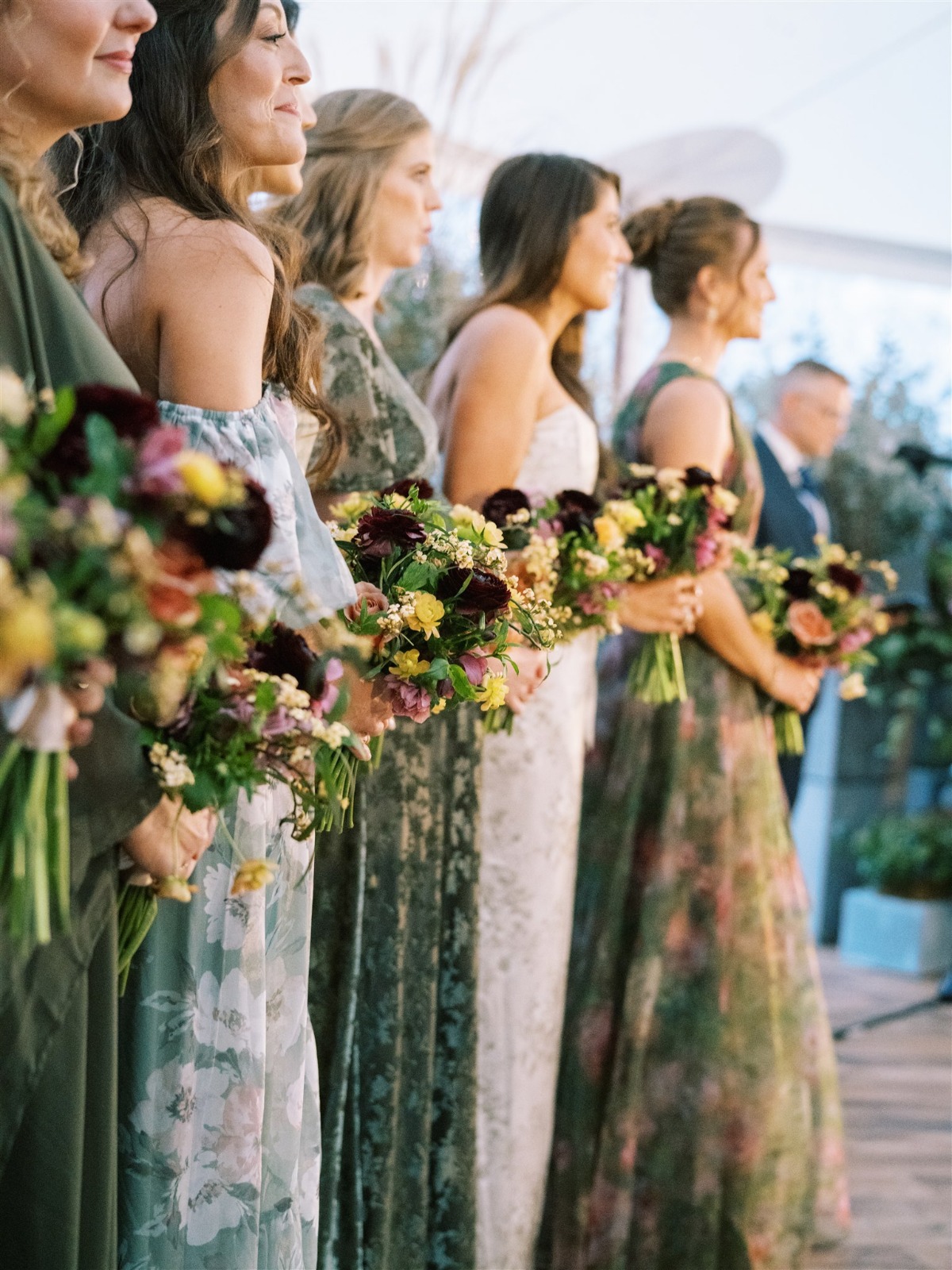 green printed bridesmaid dresses