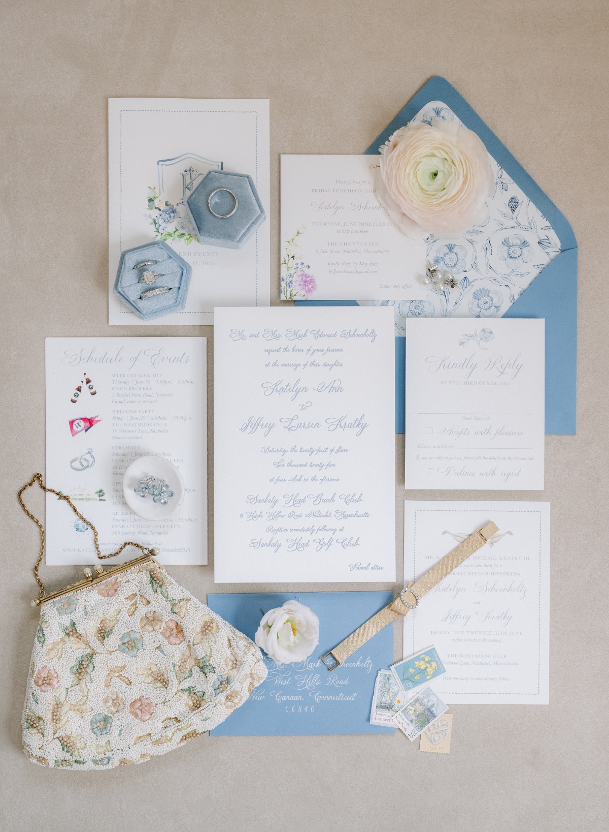 blue and white Nantucket invitations