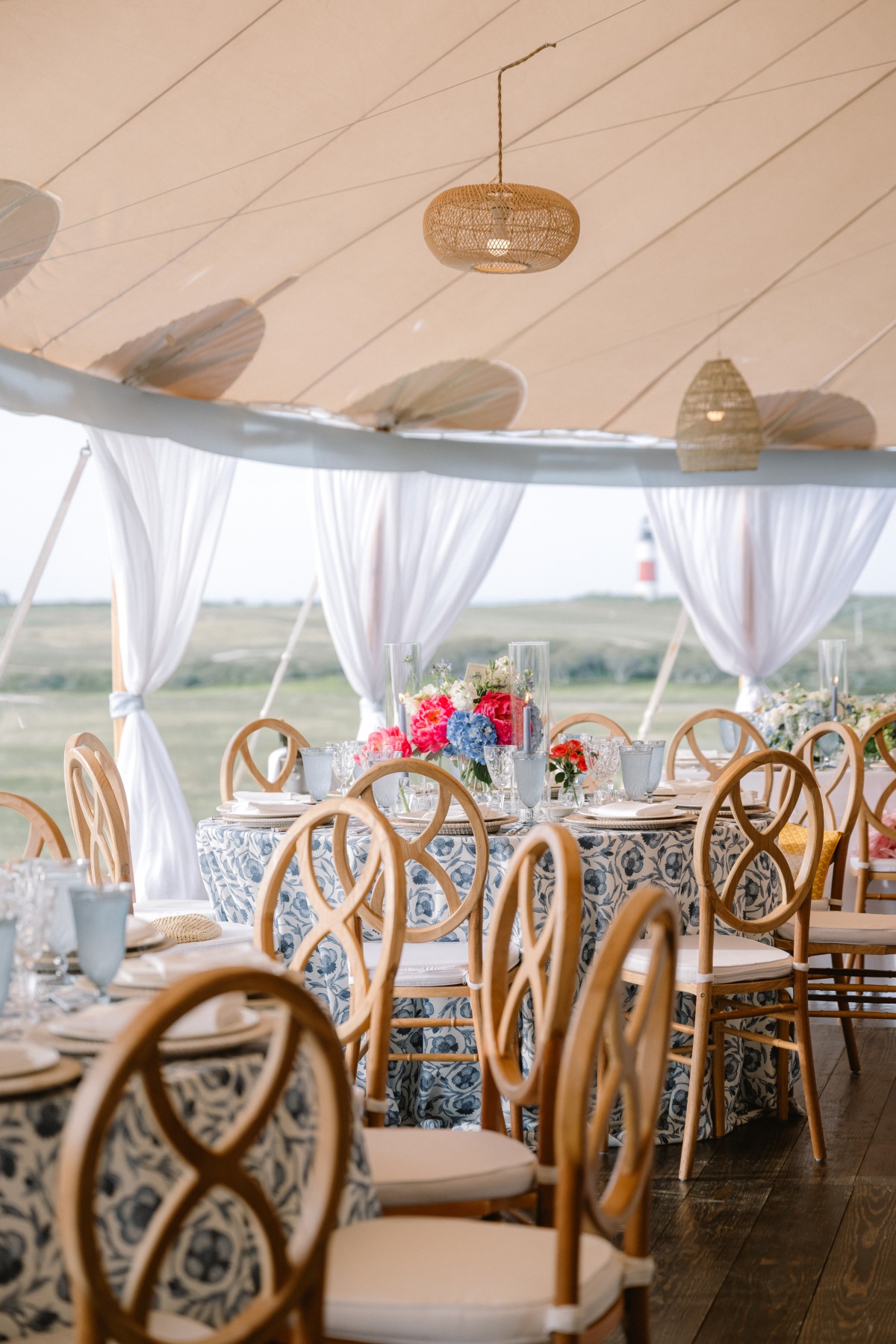 blue and pink table settings for reception
