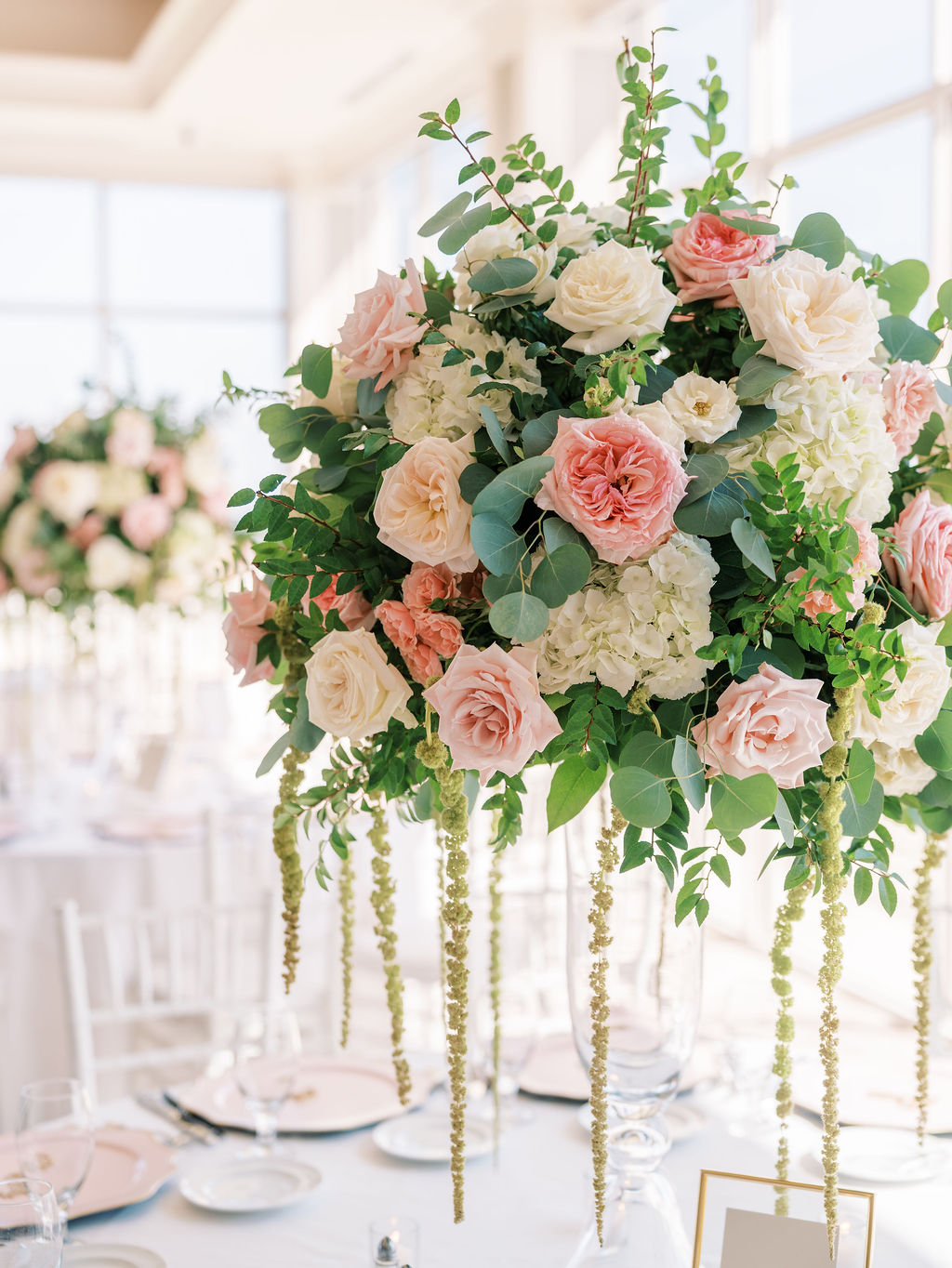 pink and ivory wedding reception flowers