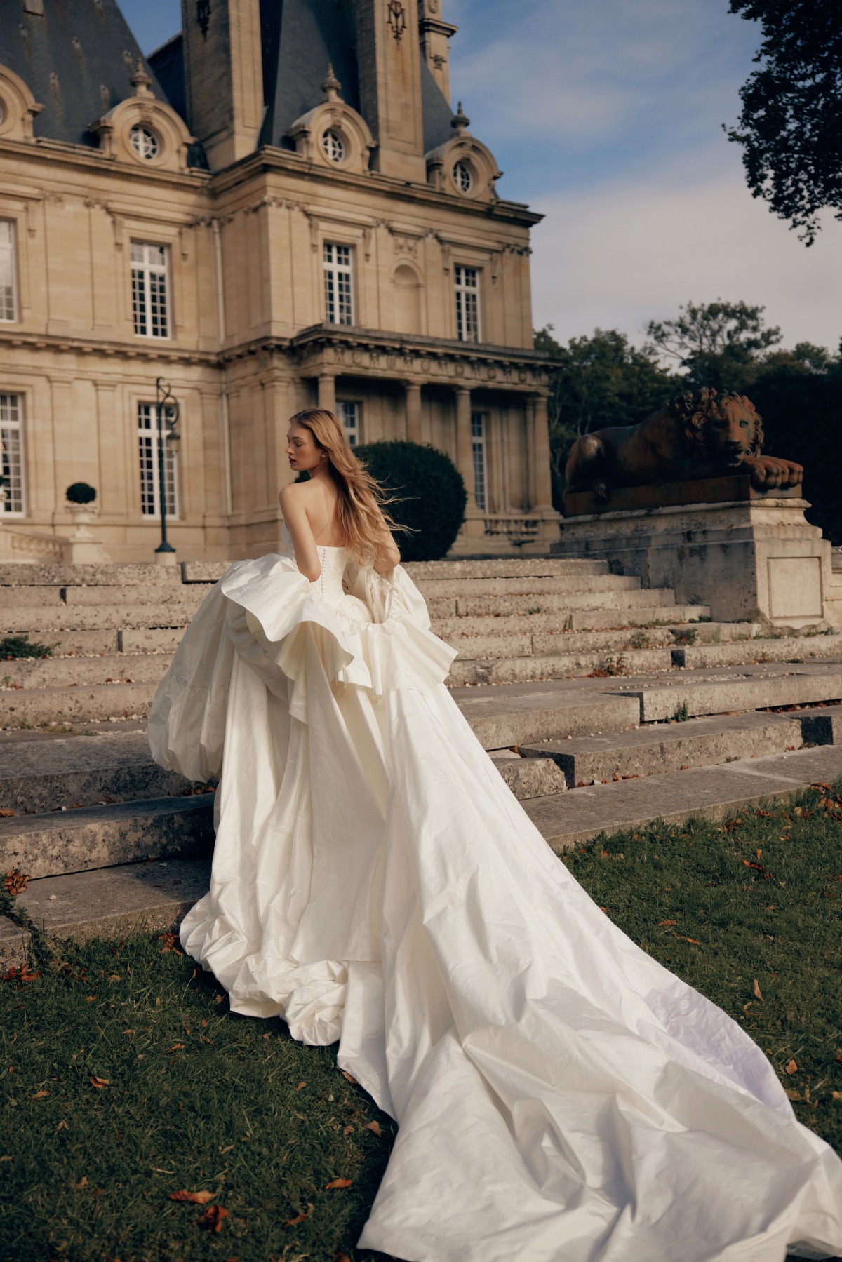 bride in dress running