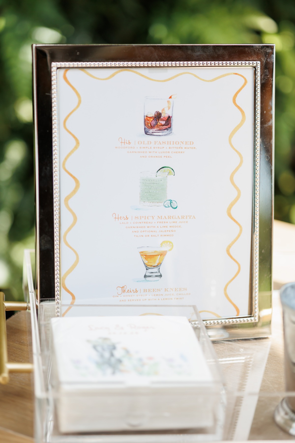painted bar sign and napkins for wedding