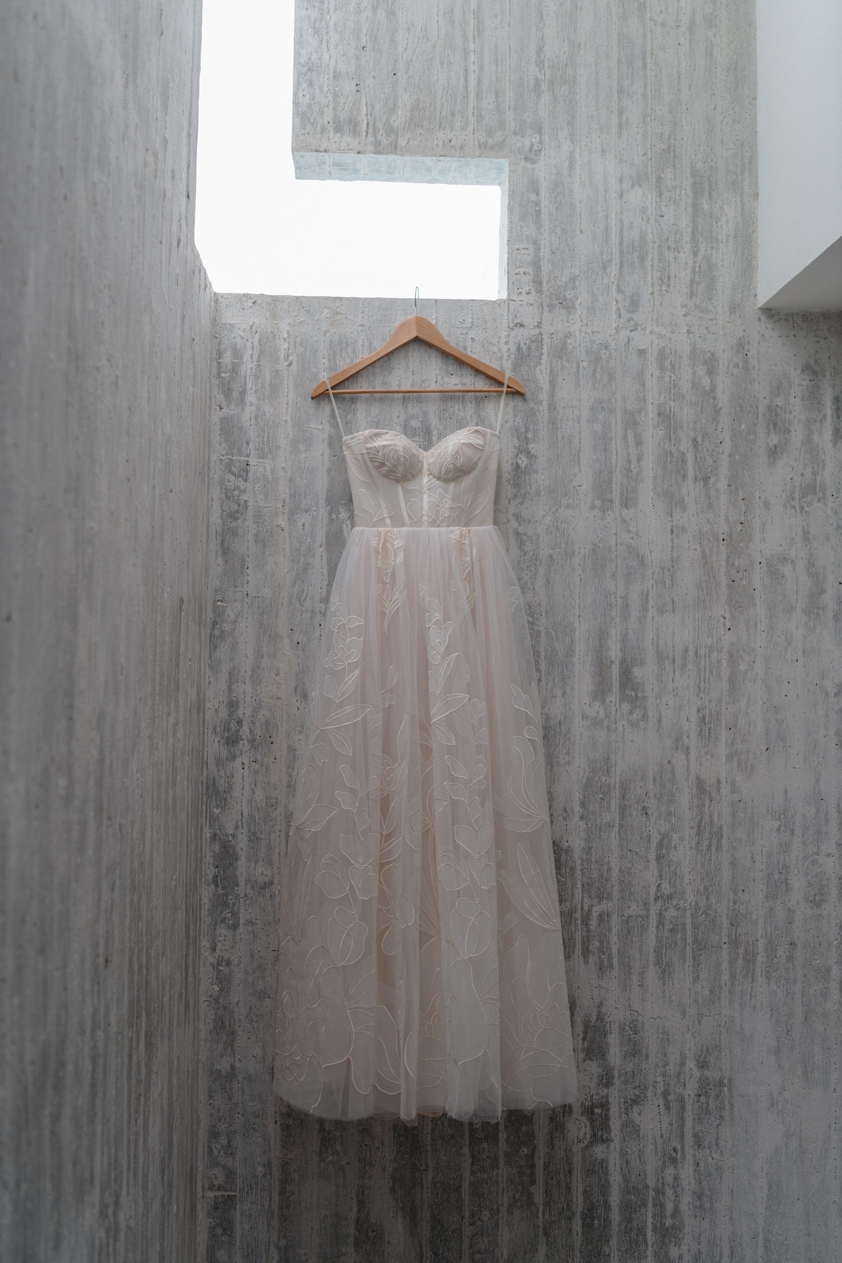 peach and oversized floral lace wedding dress