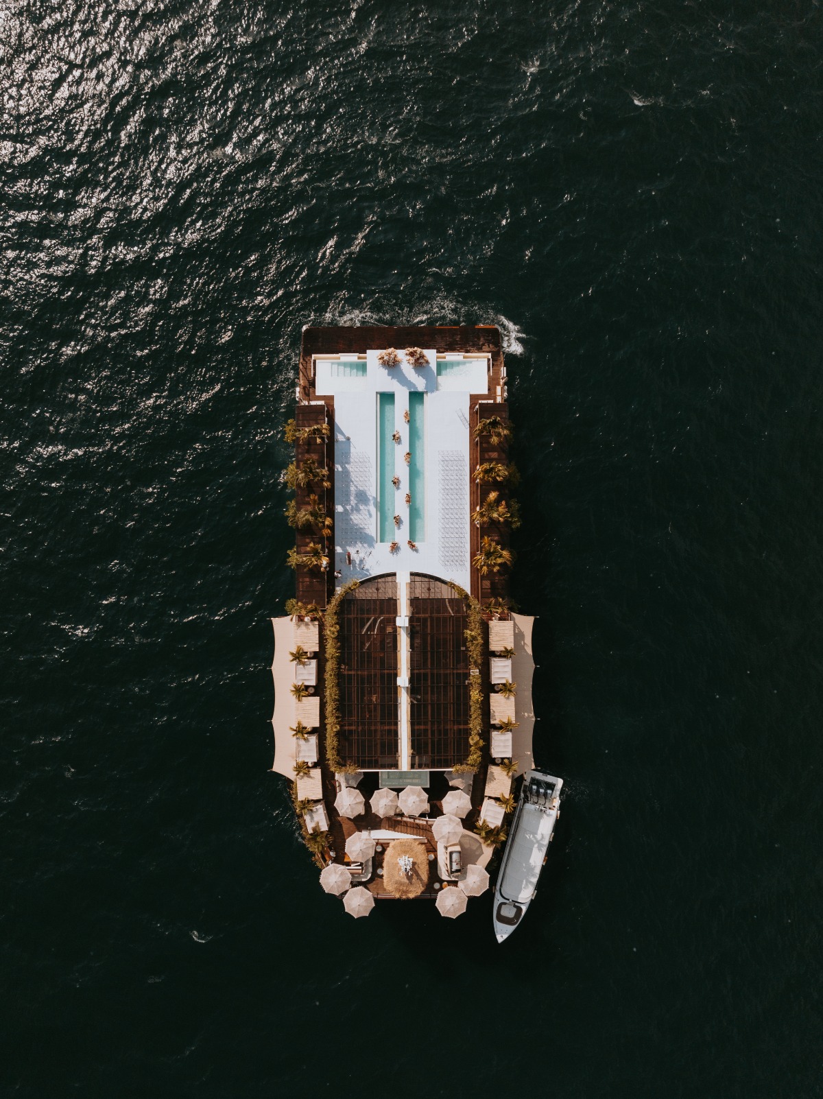 overhead shot of yacht with a wedding on it