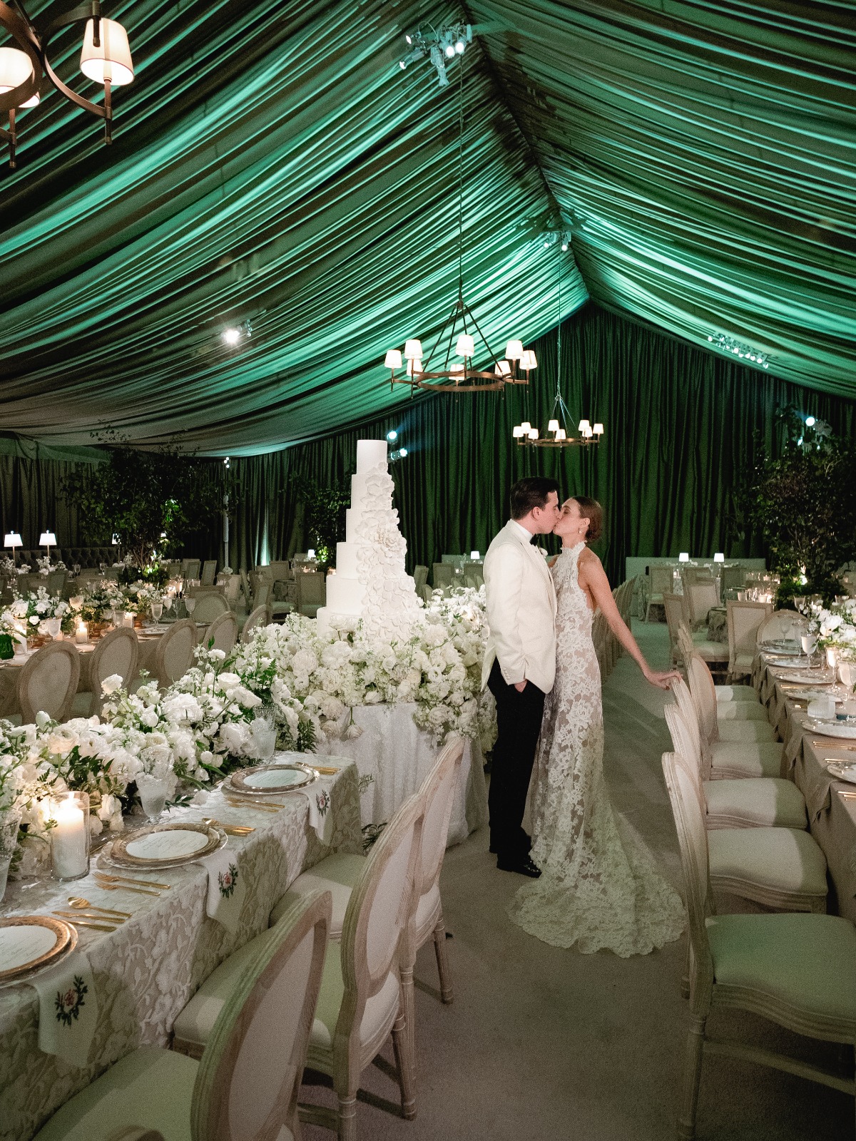 green draped wedding reception