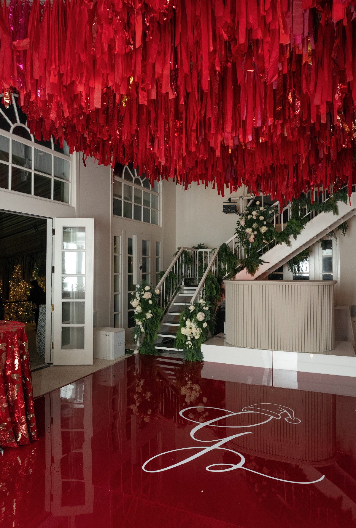 hanging ribbon installation for wedding