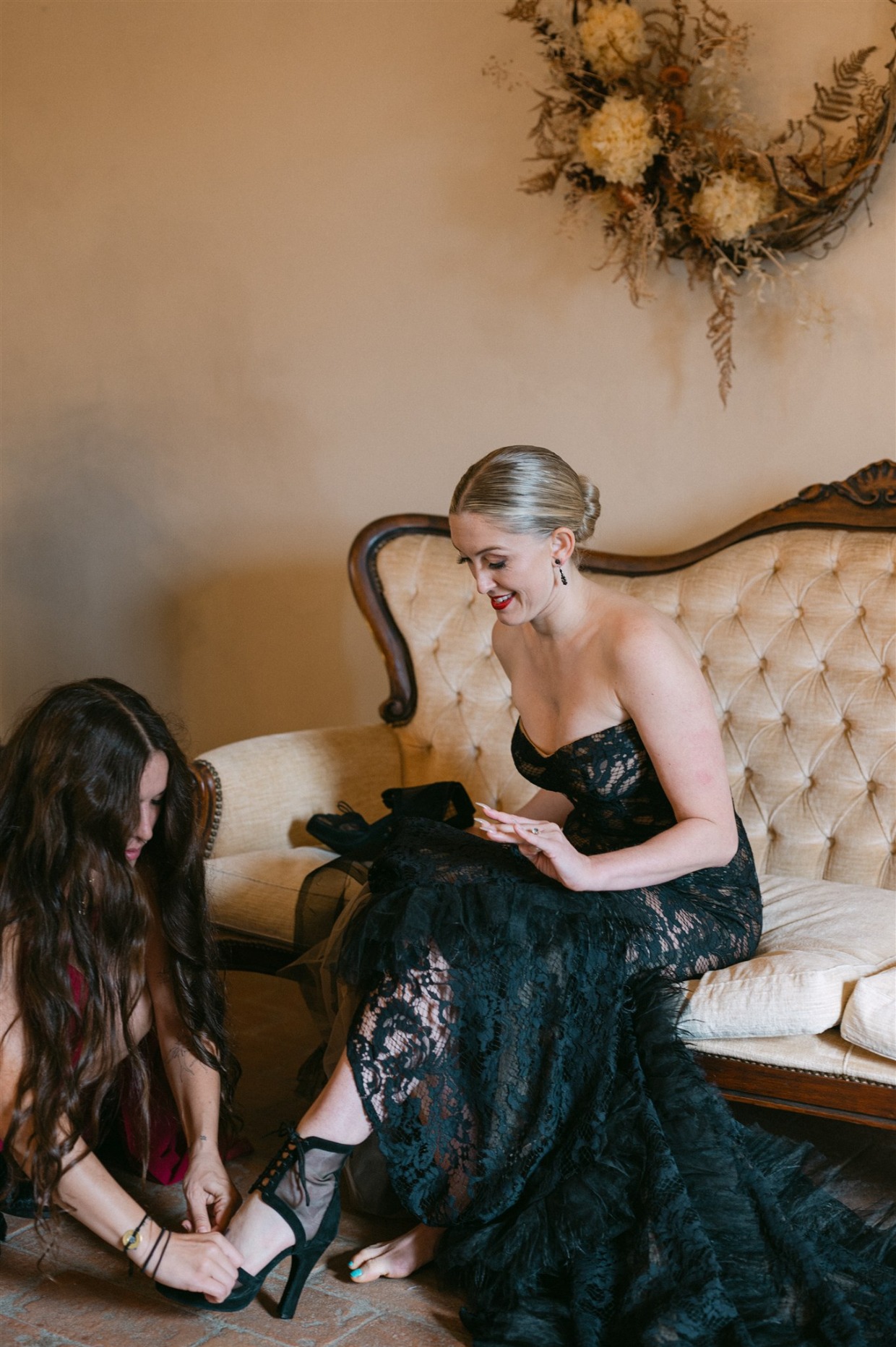 bride in black fuego gown by galia lahav 