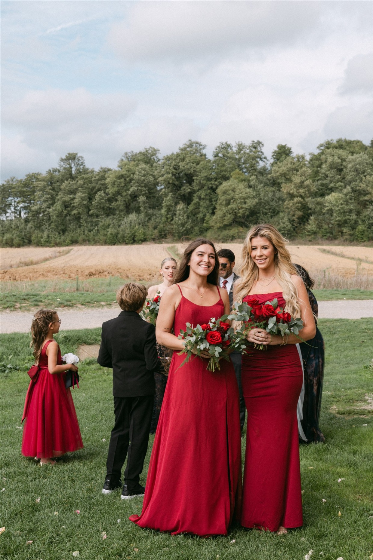 bridesmaids in red dresses galia lahav