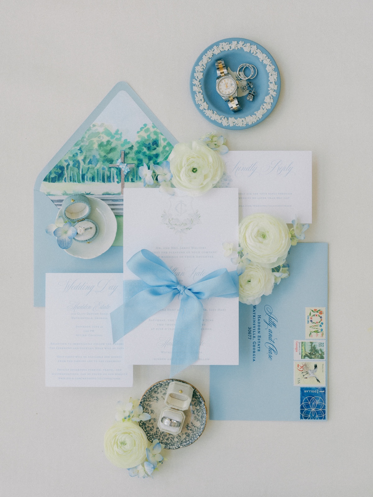 blue and white wedding invitation suite