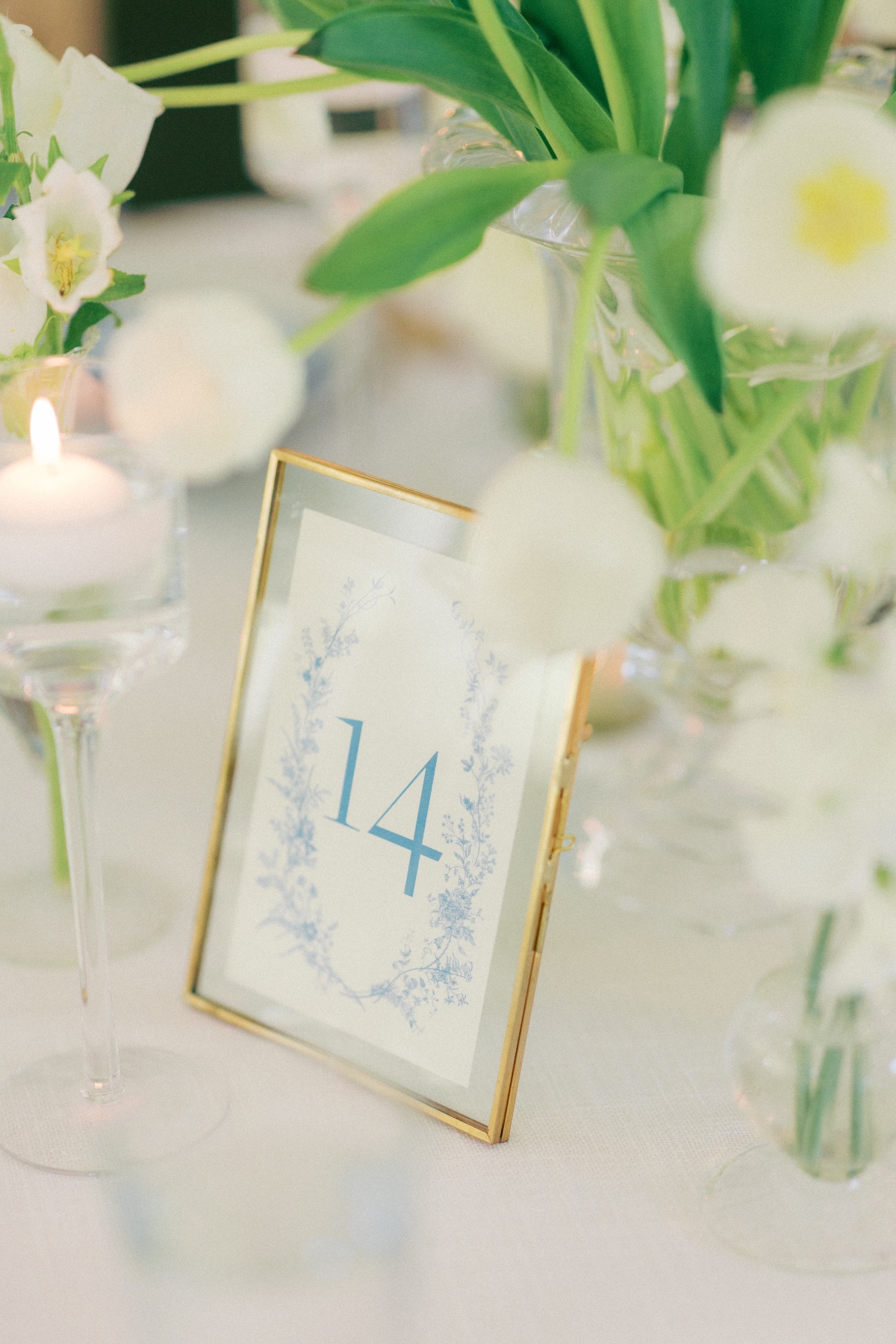blue and white printed table numbers for wedding