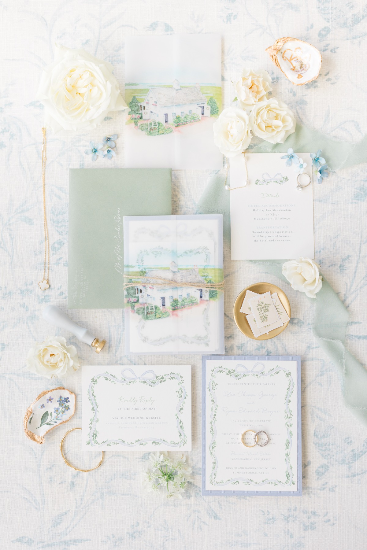 blue and sage wedding invitation suite