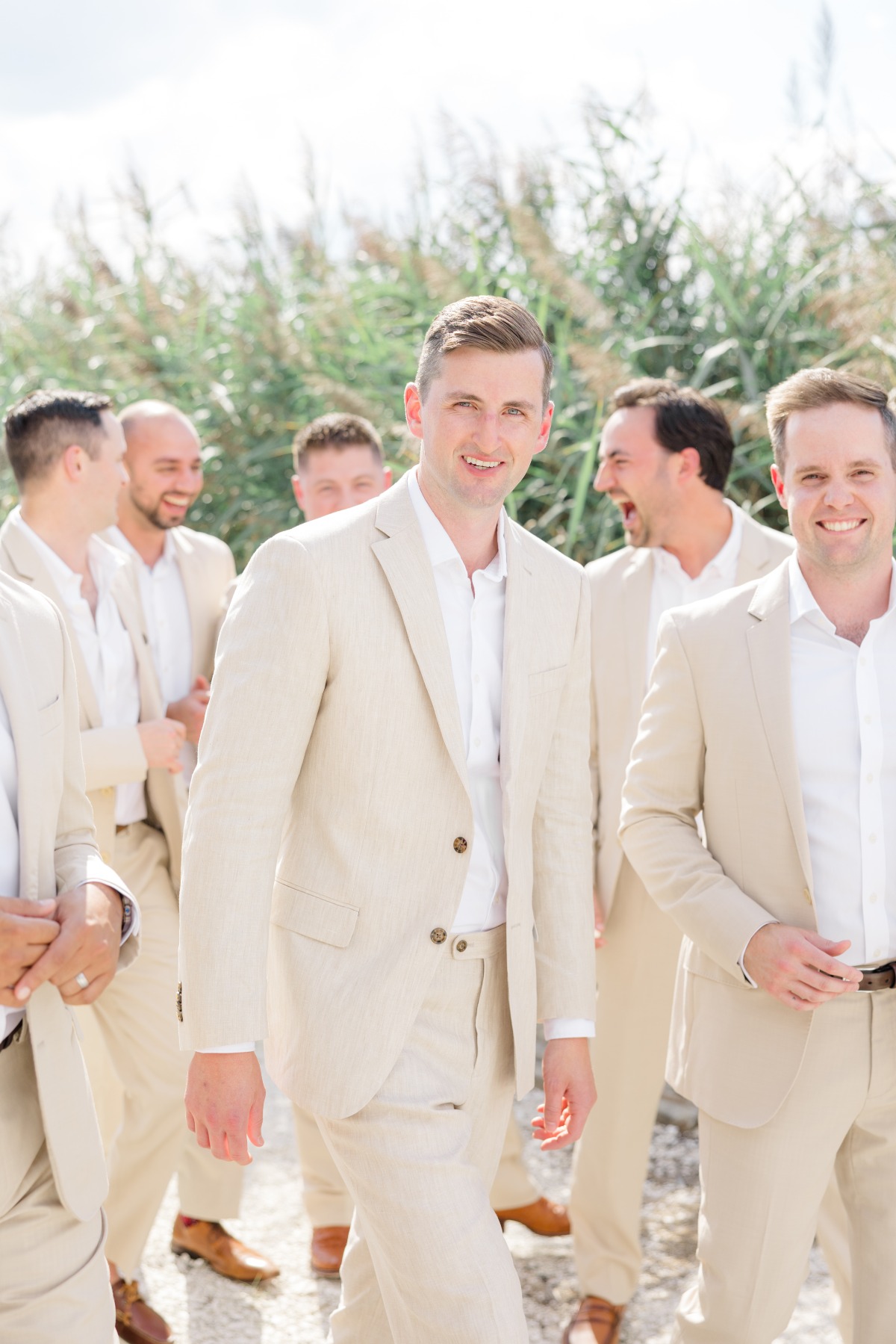 tan linen suit for groom