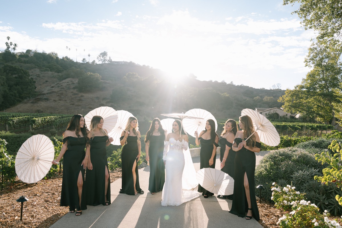 bridesmaids in black off the shoulder dresses