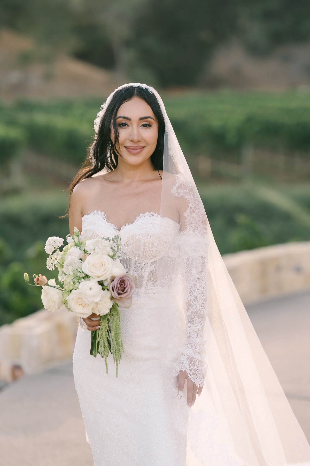 long off the shoulder sleeves on wedding dress