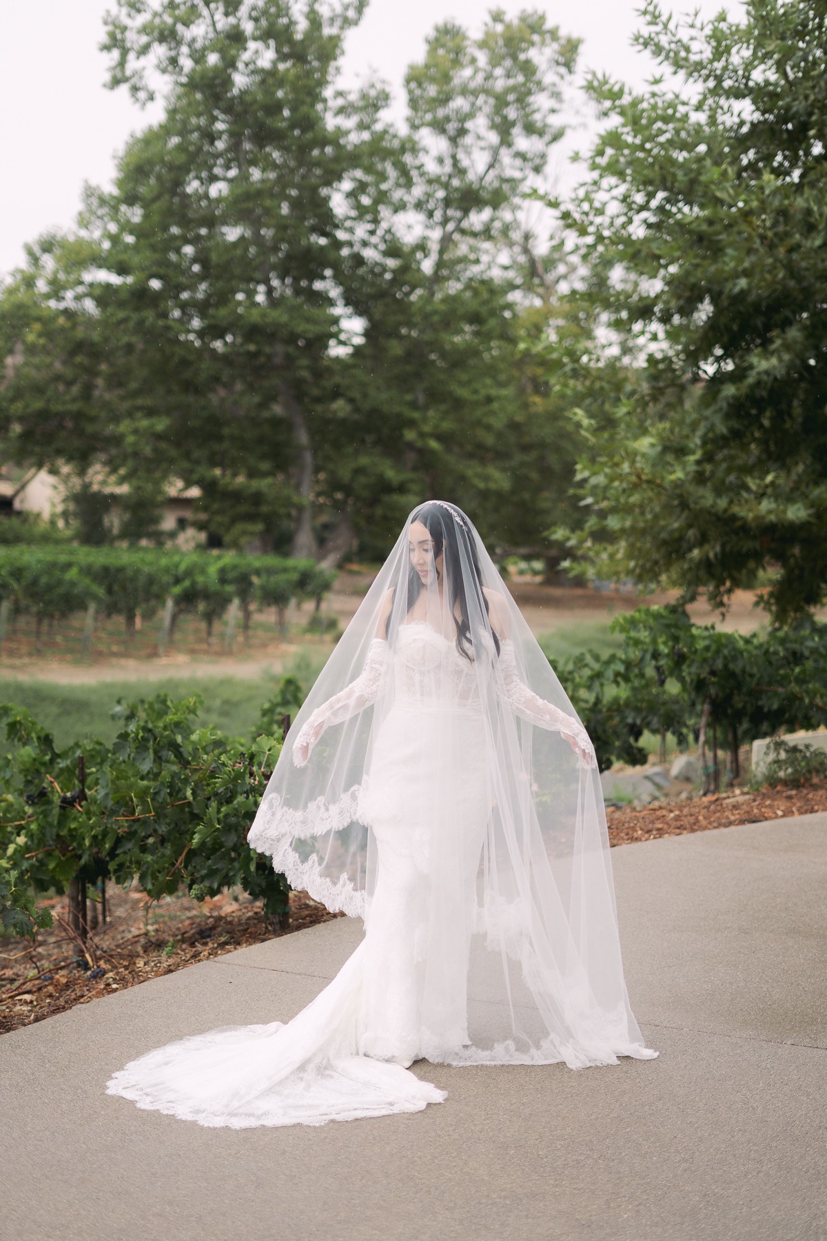 bride in mantilla style veil
