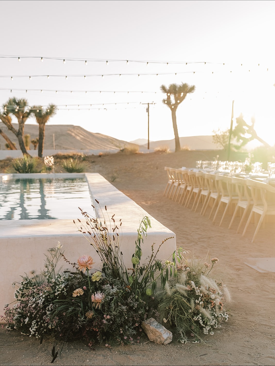 raised model pool with joshua trees in background at a wedding reception