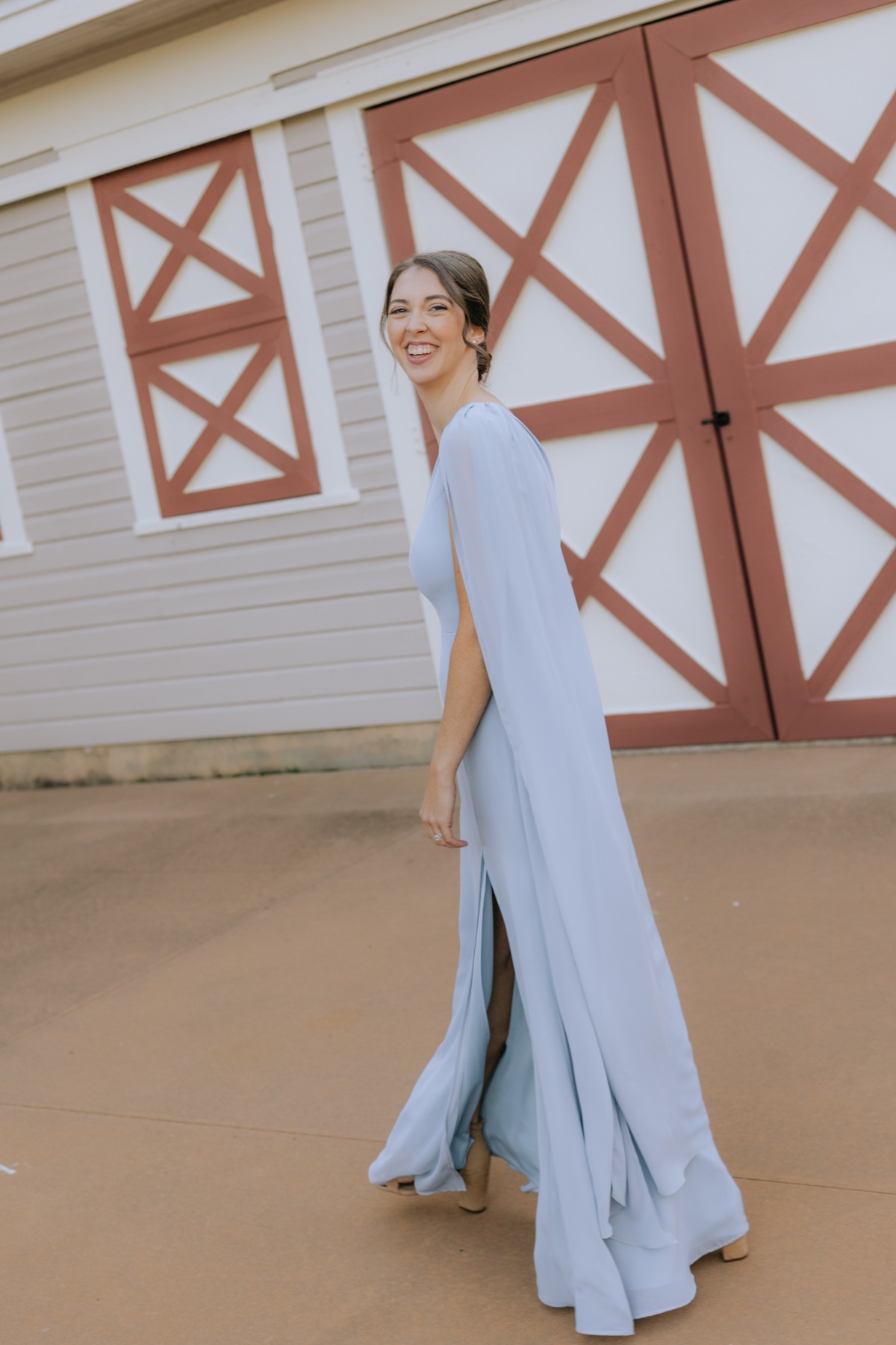 sky blue bridesmaid dress with a cape