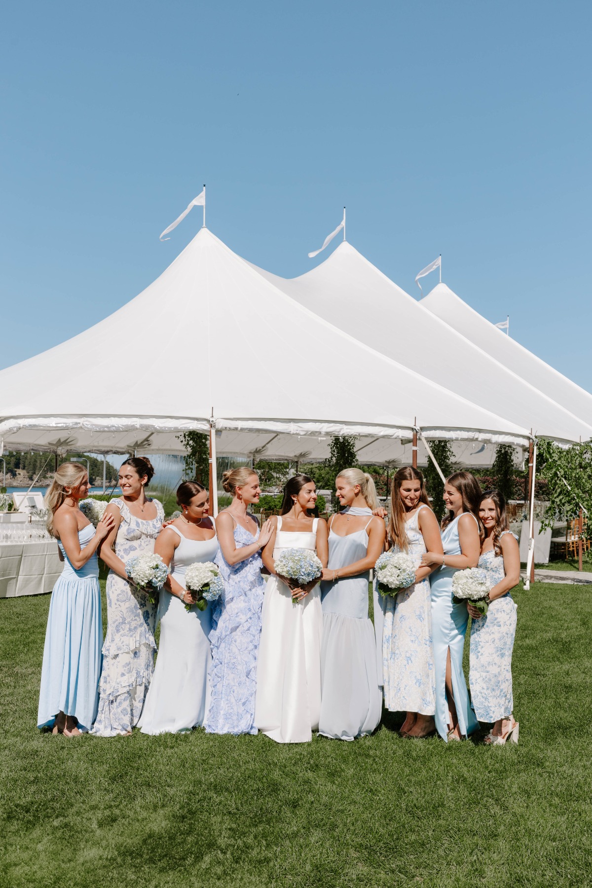 blue and white coastal bridesmaid dresses