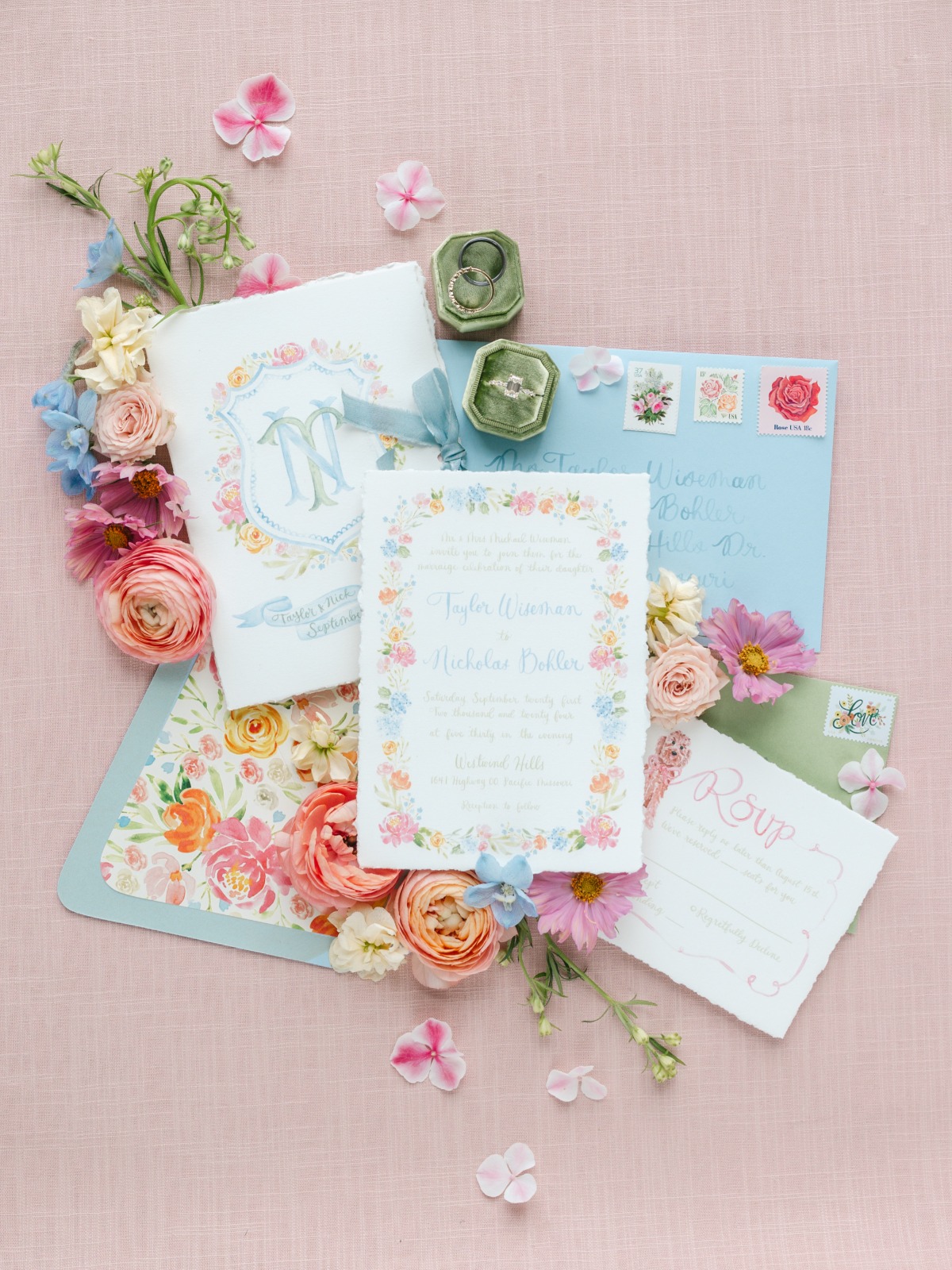 pastel watercolor wedding invitation suite