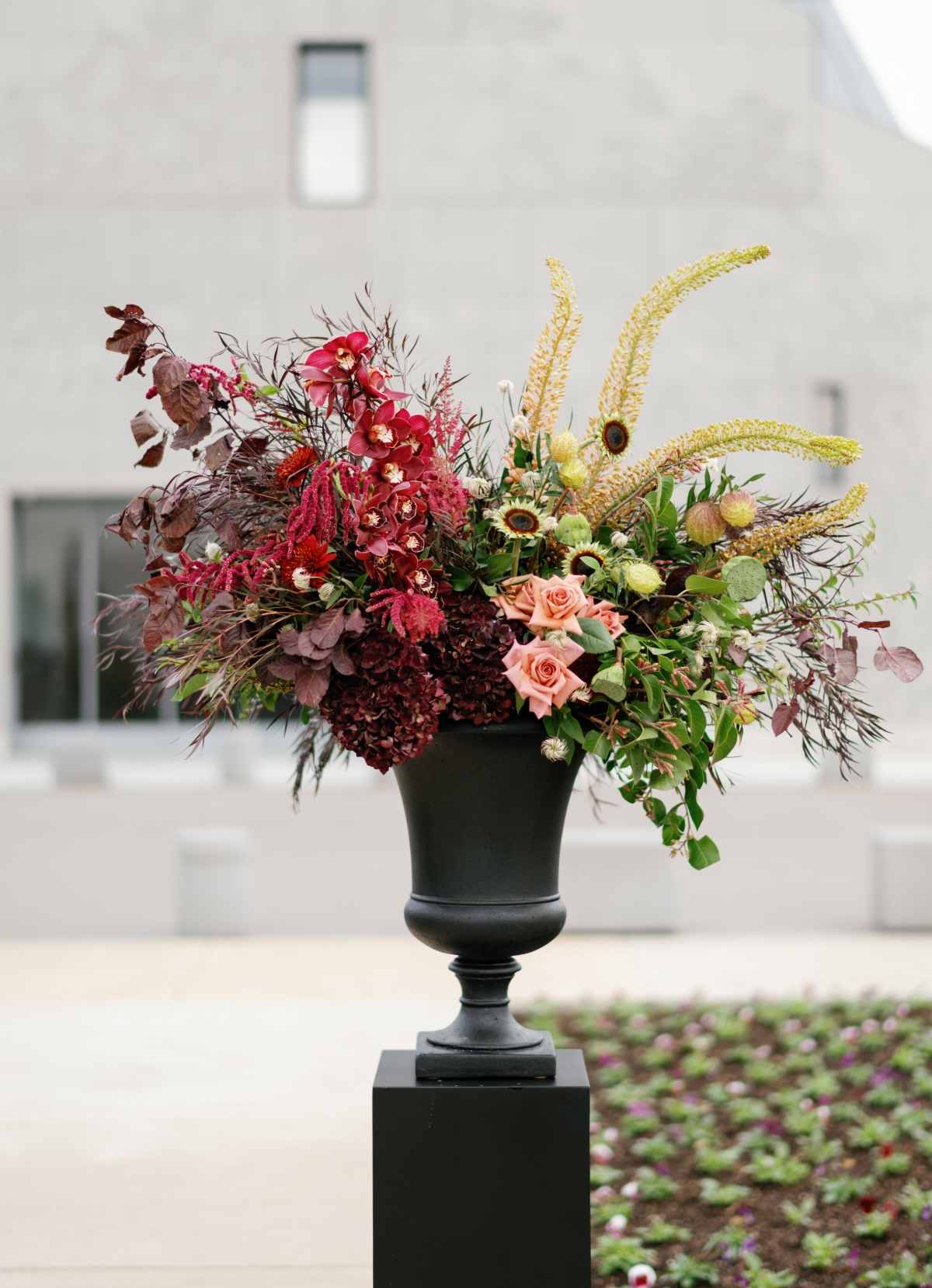 pink burgundy and green centerpieces