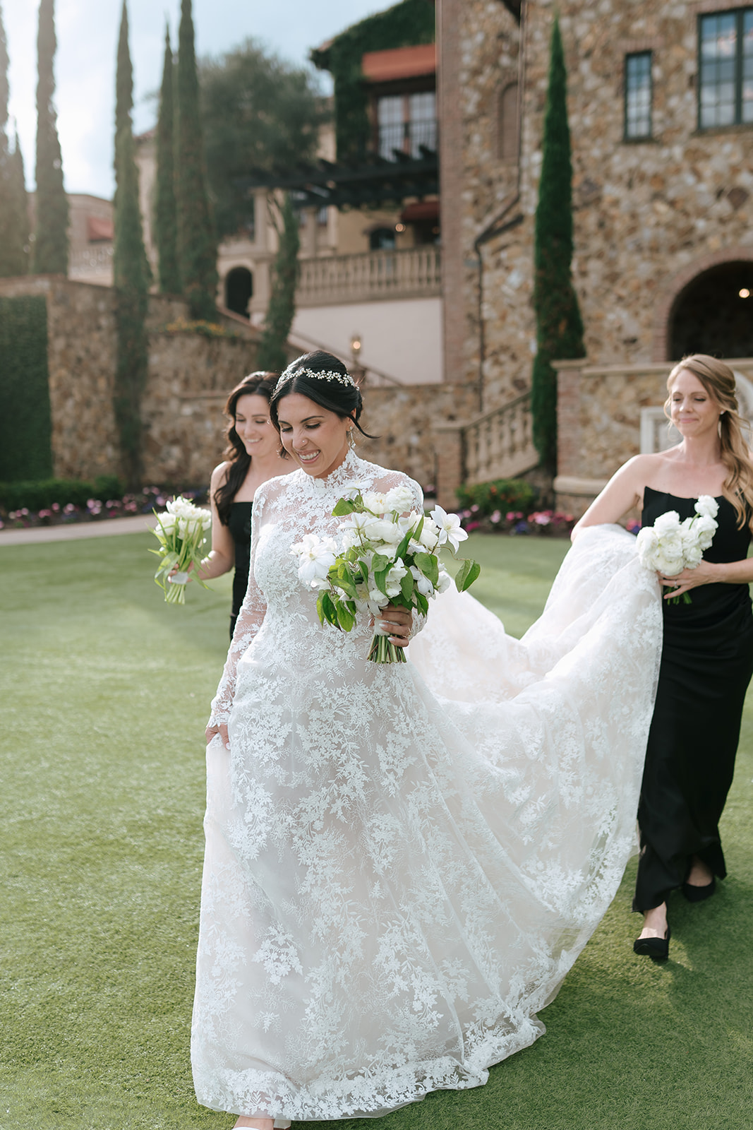 lace wedding dress with rhinestone headband