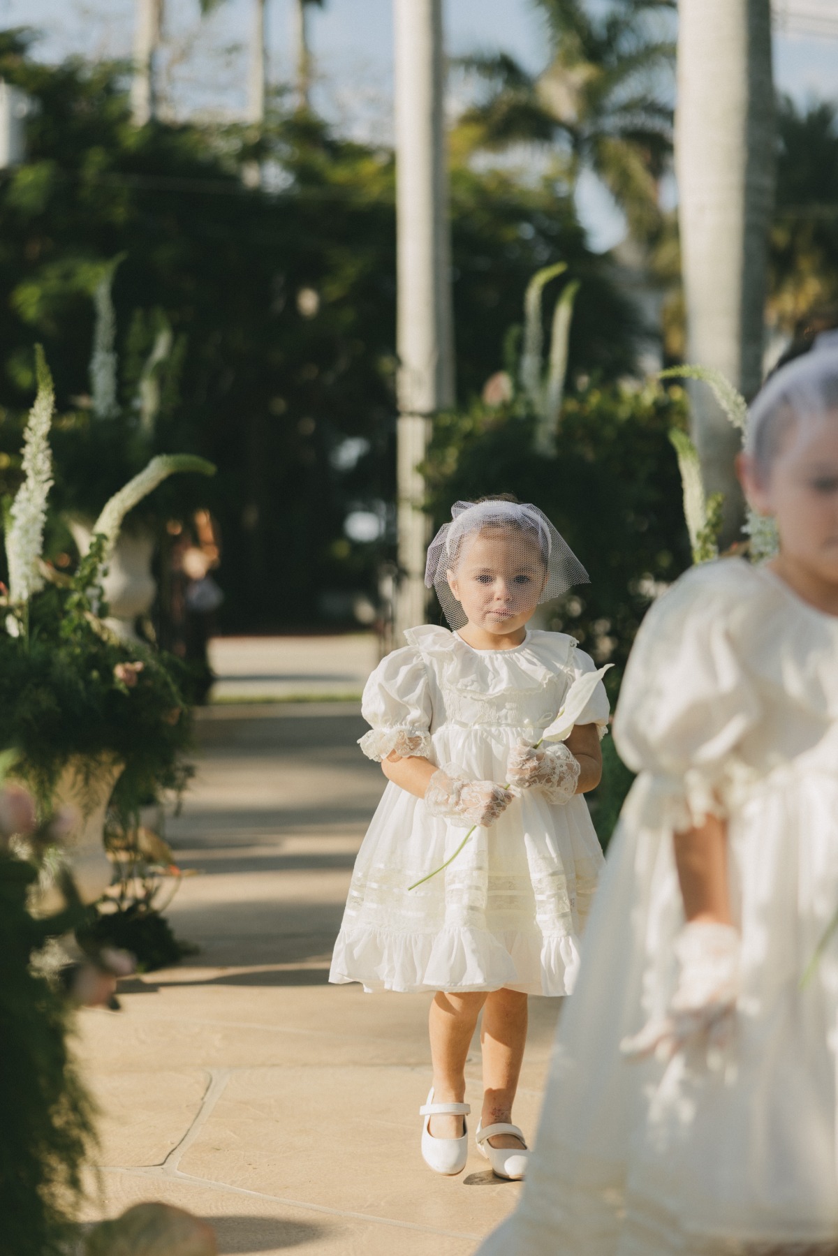 adorable slavic flower girl walking down wedding aisle in the sun golding a single stem lilly