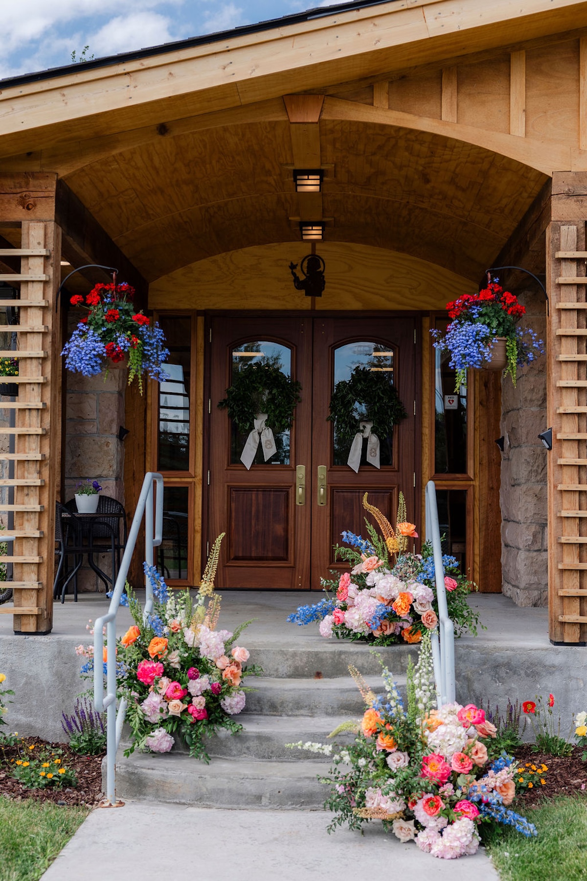 colorful wedding flowers at a chapel