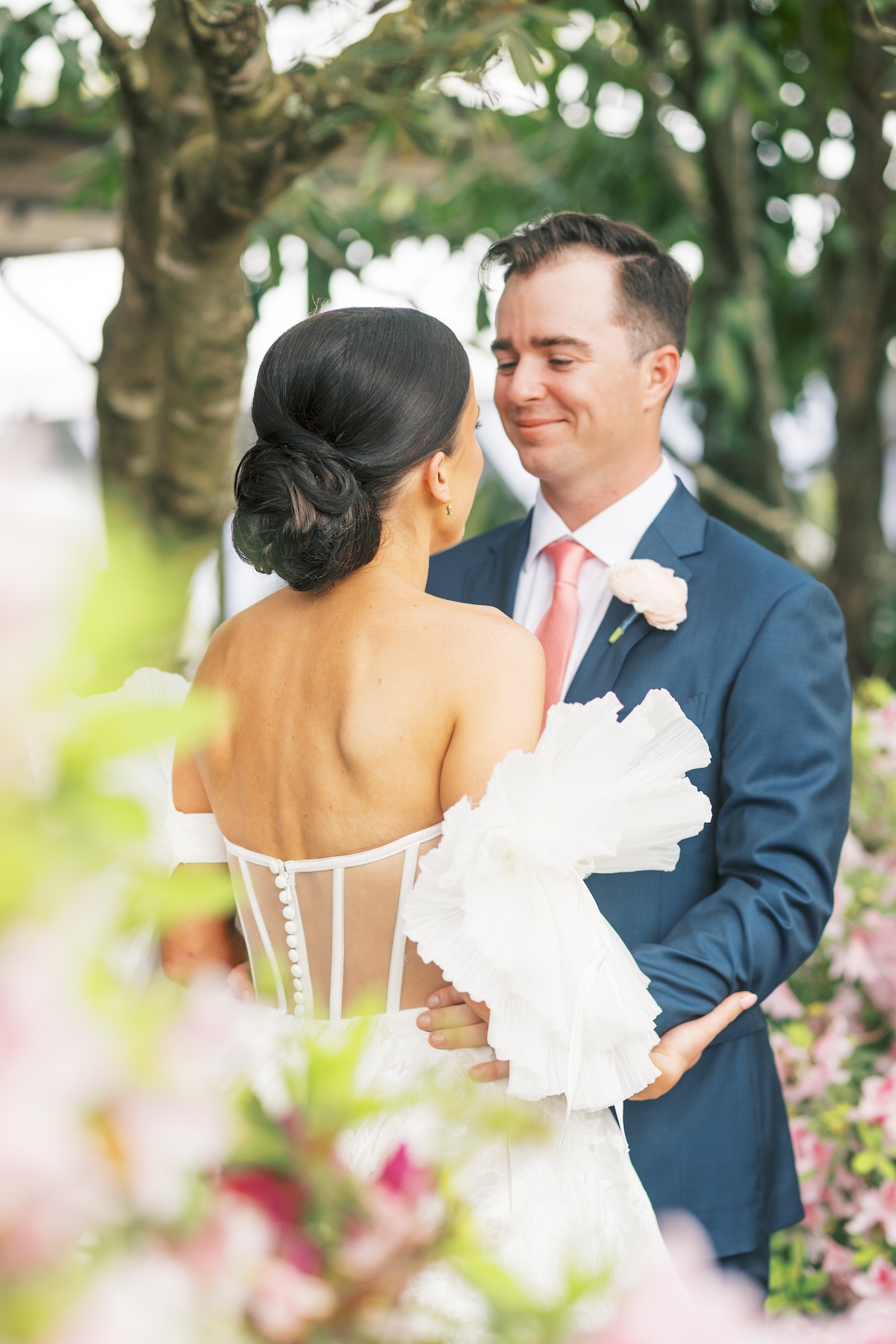 dramatic off the shoulder wedding gown