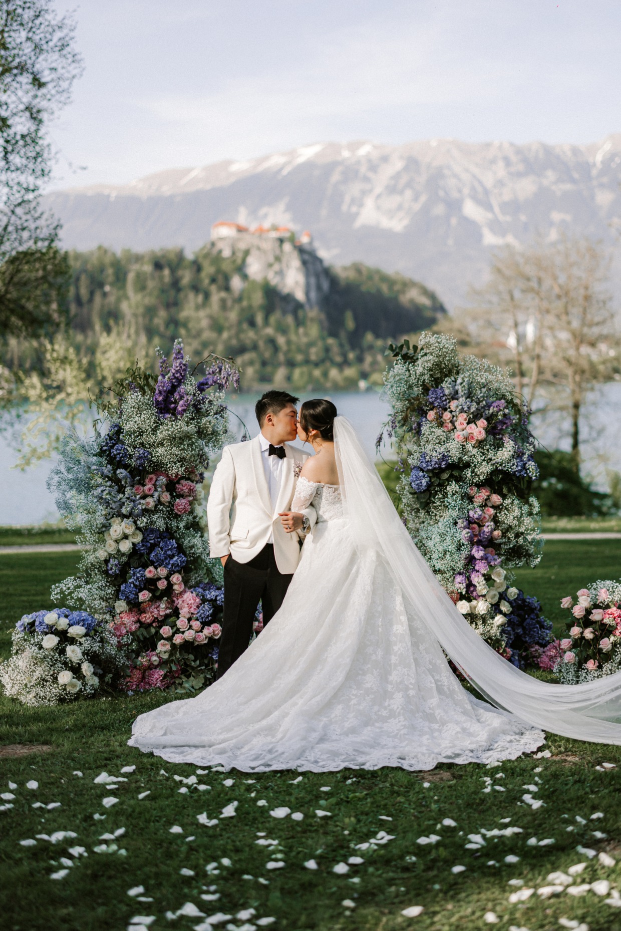 beautiful pastel wedding on lake bled