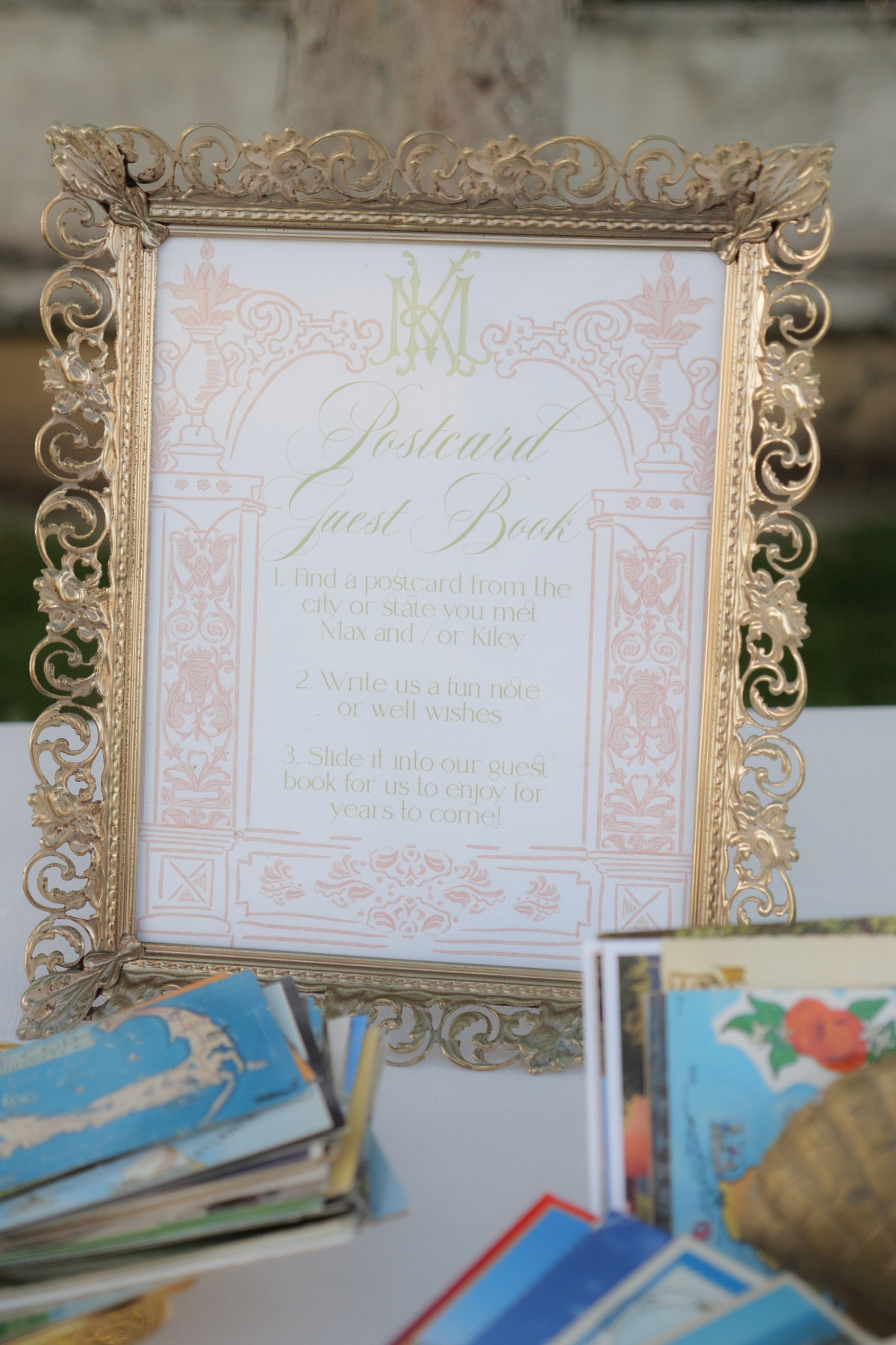 wedding guest book sign framed in vintage gold frame